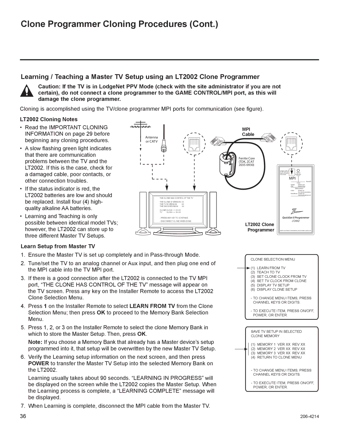 LG Electronics 47LT770H, 42LT770H, 37LT770H, 32LT770H setup guide LT2002 Cloning Notes, LT2002 Clone Programmer 