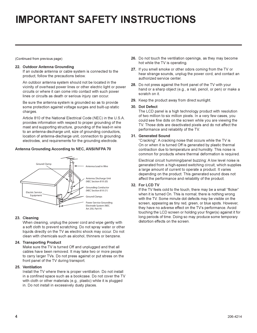 LG Electronics 47LT770H Outdoor Antenna Grounding, Antenna Grounding According to NEC, ANSI/NFPA, Cleaning, Ventilation 