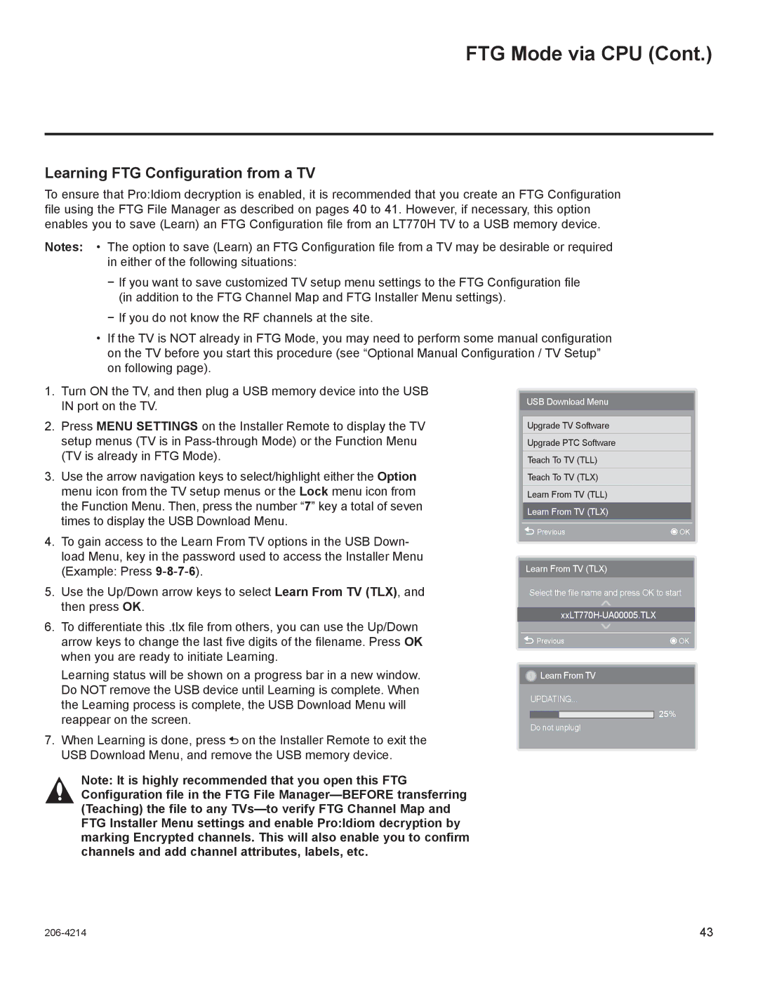 LG Electronics 32LT770H, 47LT770H, 42LT770H, 37LT770H setup guide Learning FTG Configuration from a TV 