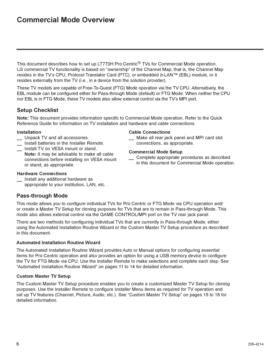 LG Electronics 37LT770H, 47LT770H, 42LT770H, 32LT770H setup guide Commercial Mode Overview, Setup Checklist, Pass-through Mode 