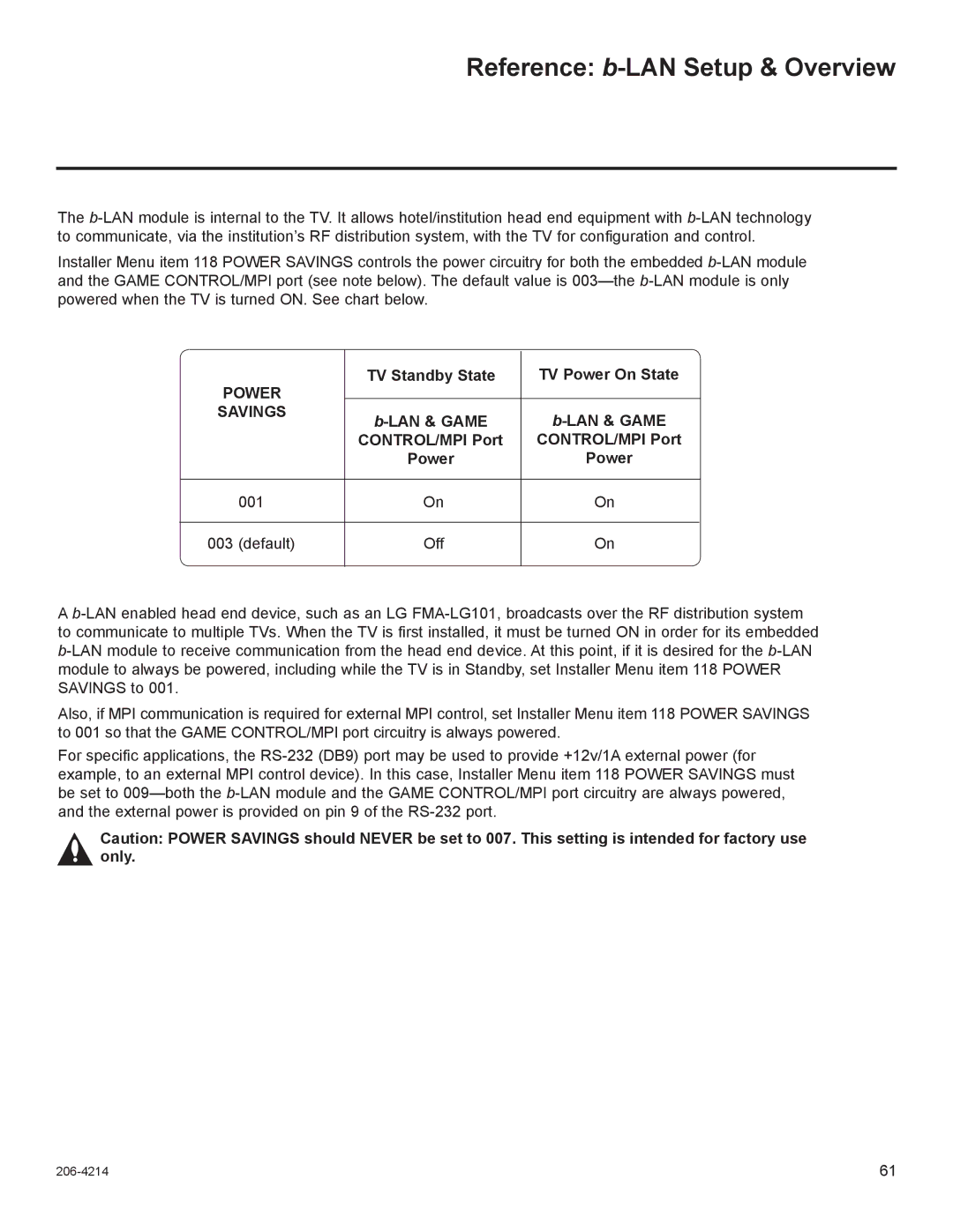 LG Electronics 42LT770H Reference b-LAN Setup & Overview, TV Standby State TV Power On State, LAN & Game CONTROL/MPI Port 