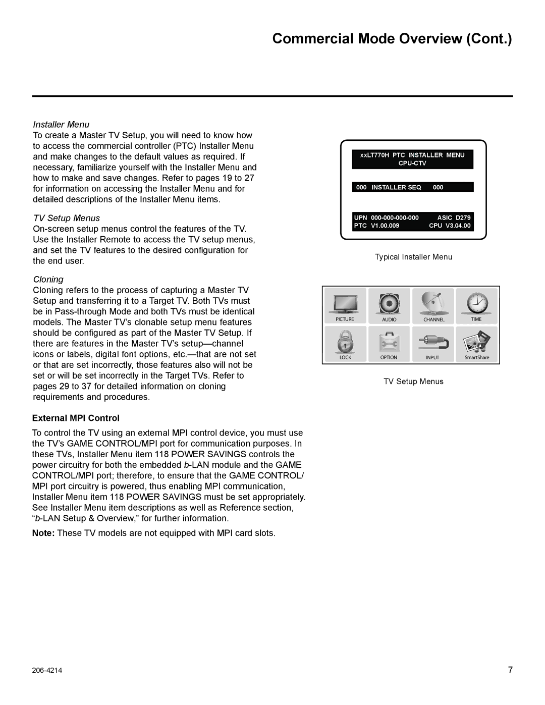 LG Electronics 32LT770H, 47LT770H, 42LT770H, 37LT770H setup guide Installer Menu, External MPI Control 