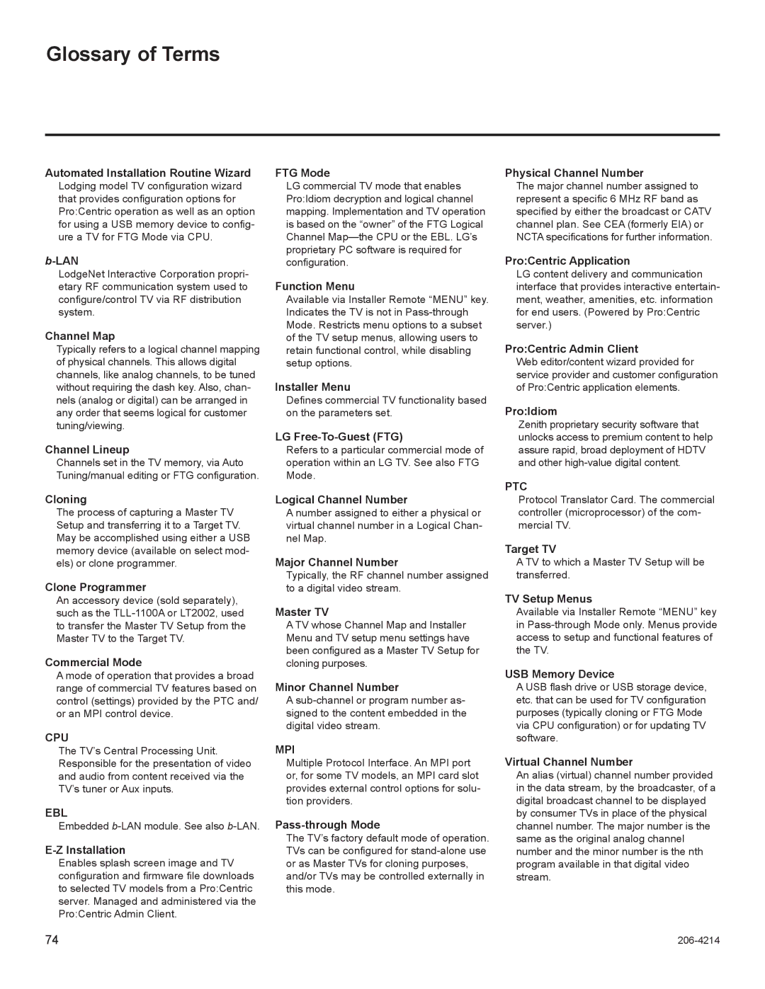 LG Electronics 37LT770H, 47LT770H, 42LT770H, 32LT770H setup guide Glossary of Terms, Ptc, Cpu, Ebl 