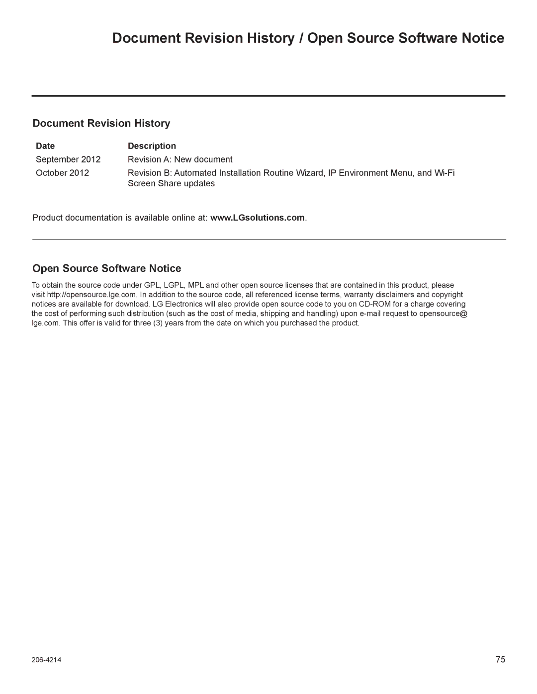 LG Electronics 32LT770H, 47LT770H, 42LT770H Document Revision History / Open Source Software Notice, Date Description 