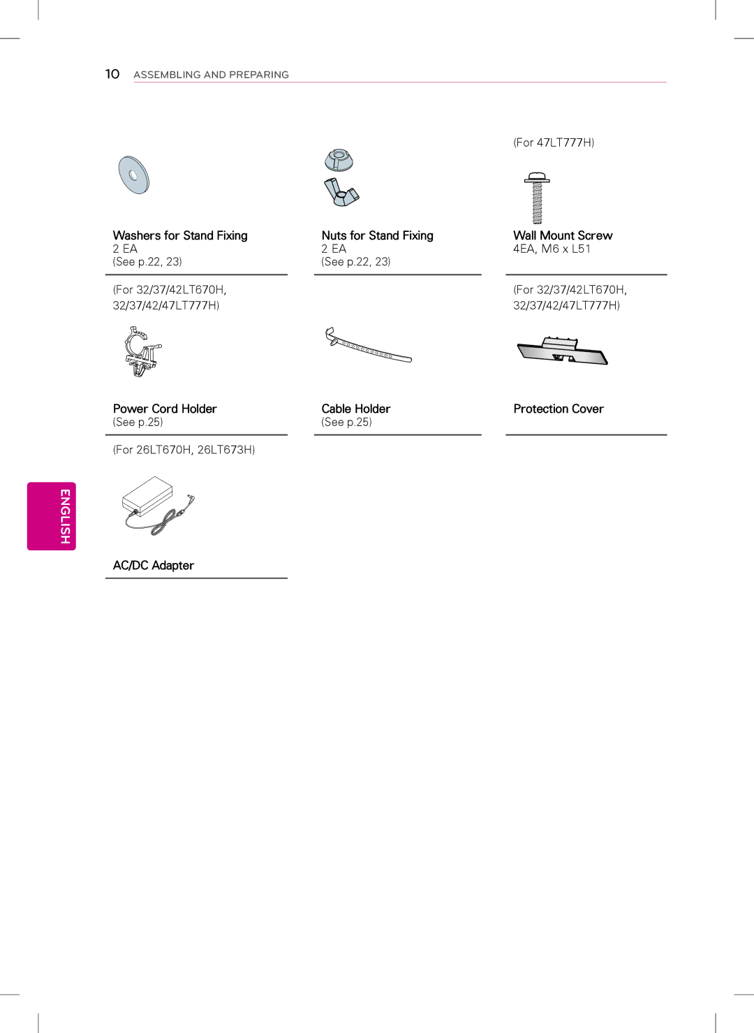 LG Electronics 37LT770H, 42LT777H, 37LT777H manual For 47LT777H, 4EA, M6 x L51, See p.22 For 32/37/42LT670H 32/37/42/47LT777H 