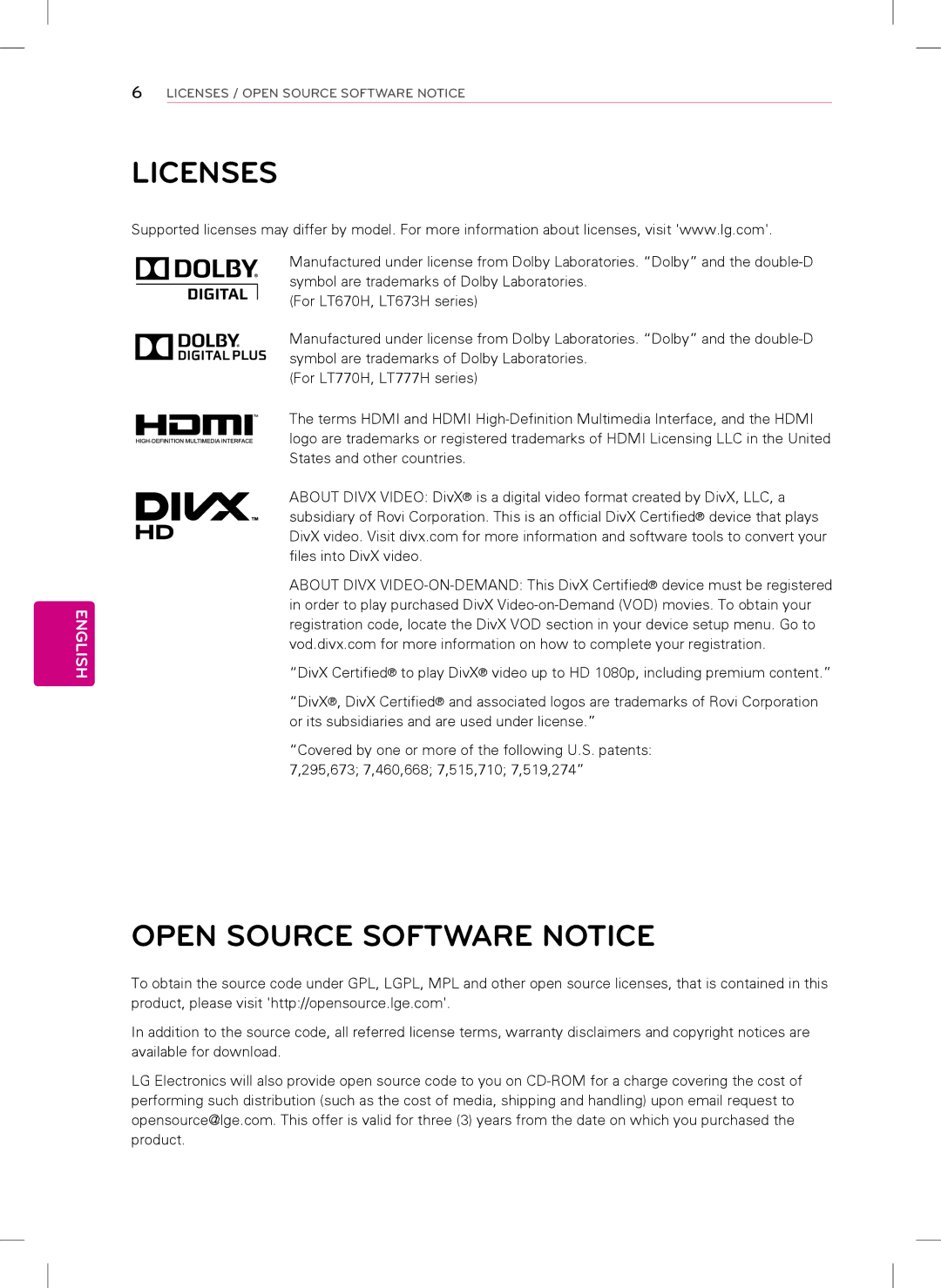 LG Electronics 32LT670H, 47LT777H, 42LT777H, 42LT670H, 37LT777H, 37LT670H, 32LT777H manual Licenses, Open Source Software Notice 