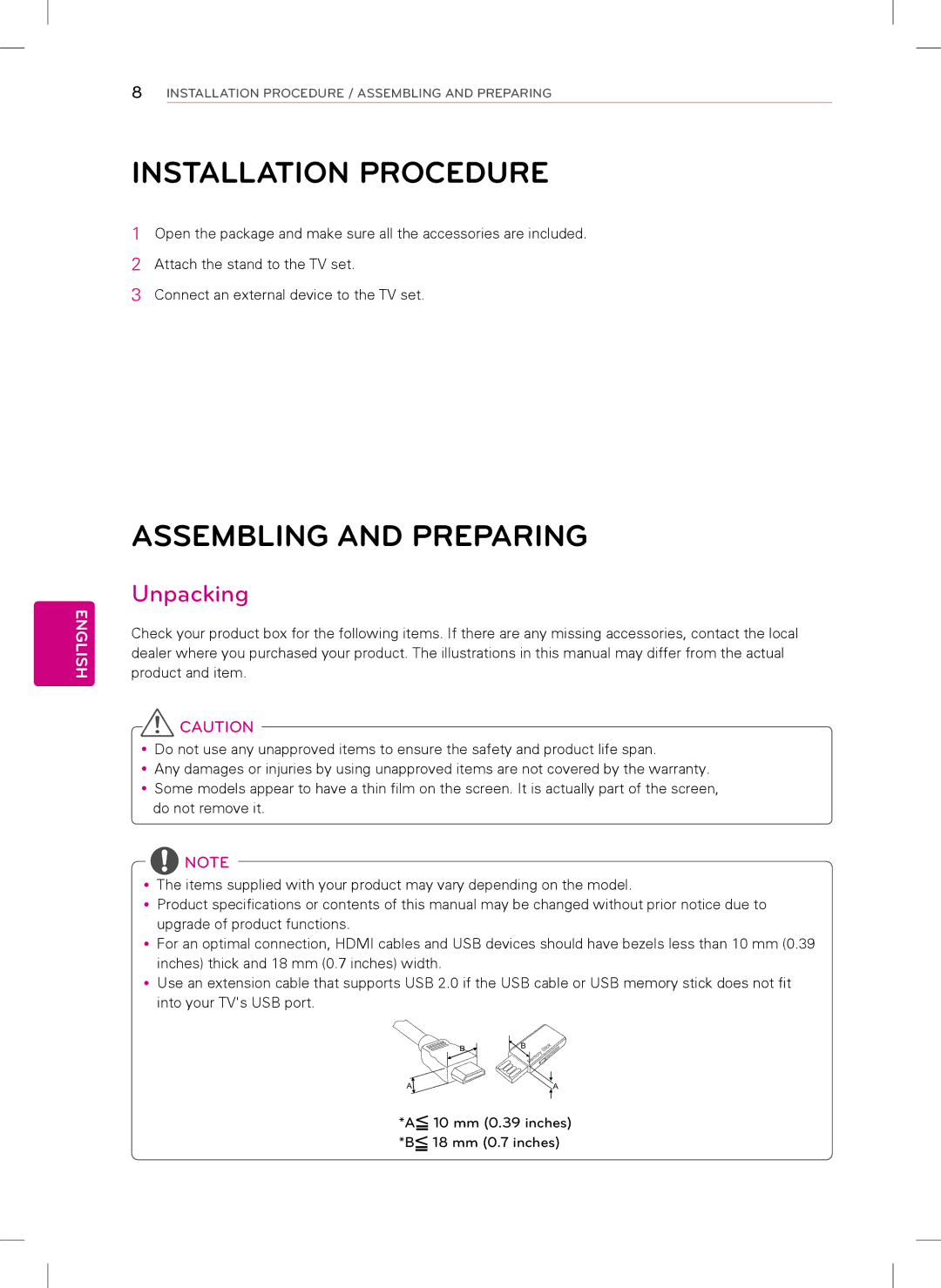 LG Electronics 47LT770H, 47LT777H, 42LT777H, 42LT670H, 37LT777H, 37LT670H Installation Procedure, Assembling and Preparing 