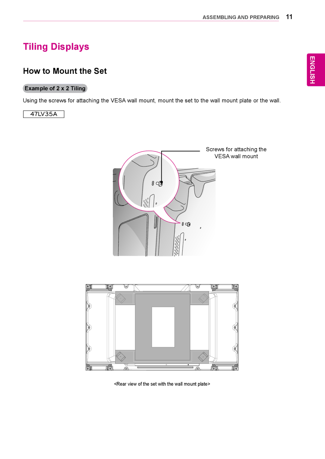 LG Electronics 55LV35A, 47LV35A owner manual Tiling Displays, How to Mount the Set, Example of 2 x 2 Tiling 