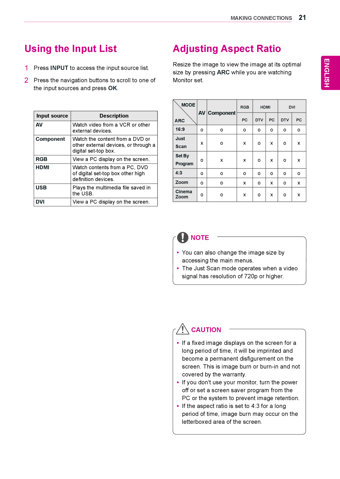 LG Electronics 55LV35A, 47LV35A owner manual Using the Input List, Adjusting Aspect Ratio, Description, Component 