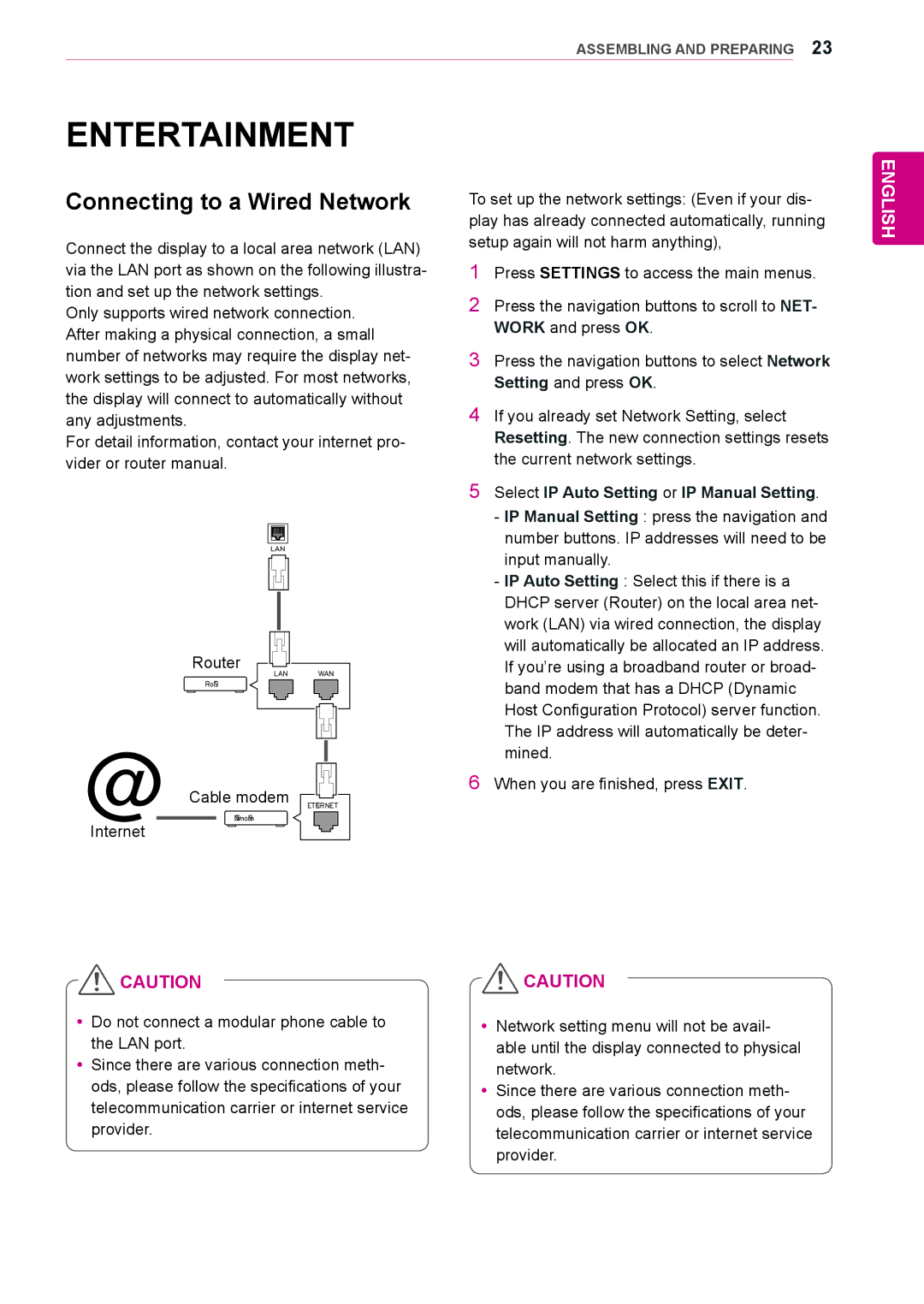 LG Electronics 55LV35A, 47LV35A Entertainment, Connecting to a Wired Network, Select IP Auto Setting or IP Manual Setting 