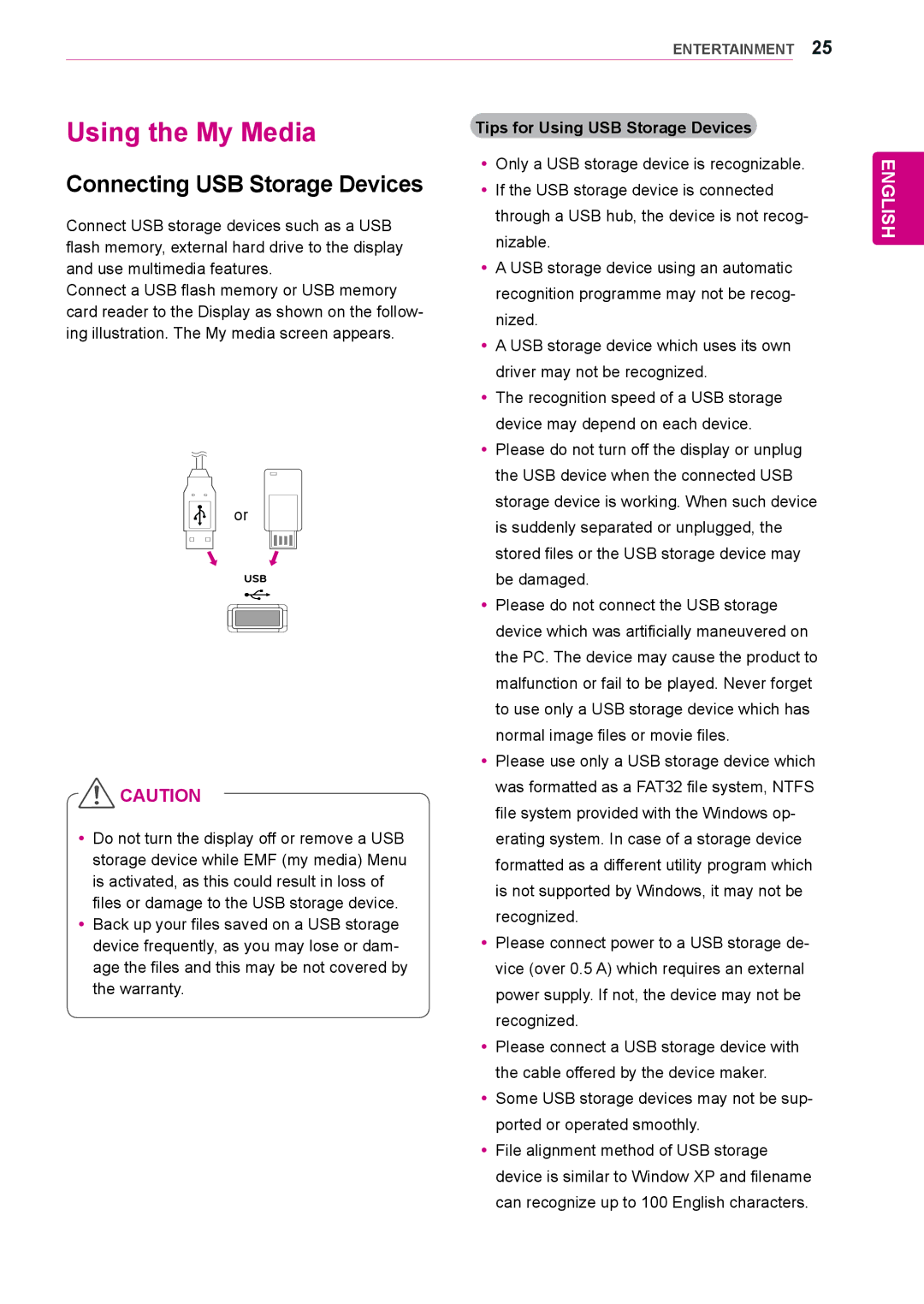 LG Electronics 55LV35A, 47LV35A Using the My Media, Connecting USB Storage Devices, Tips for Using USB Storage Devices 