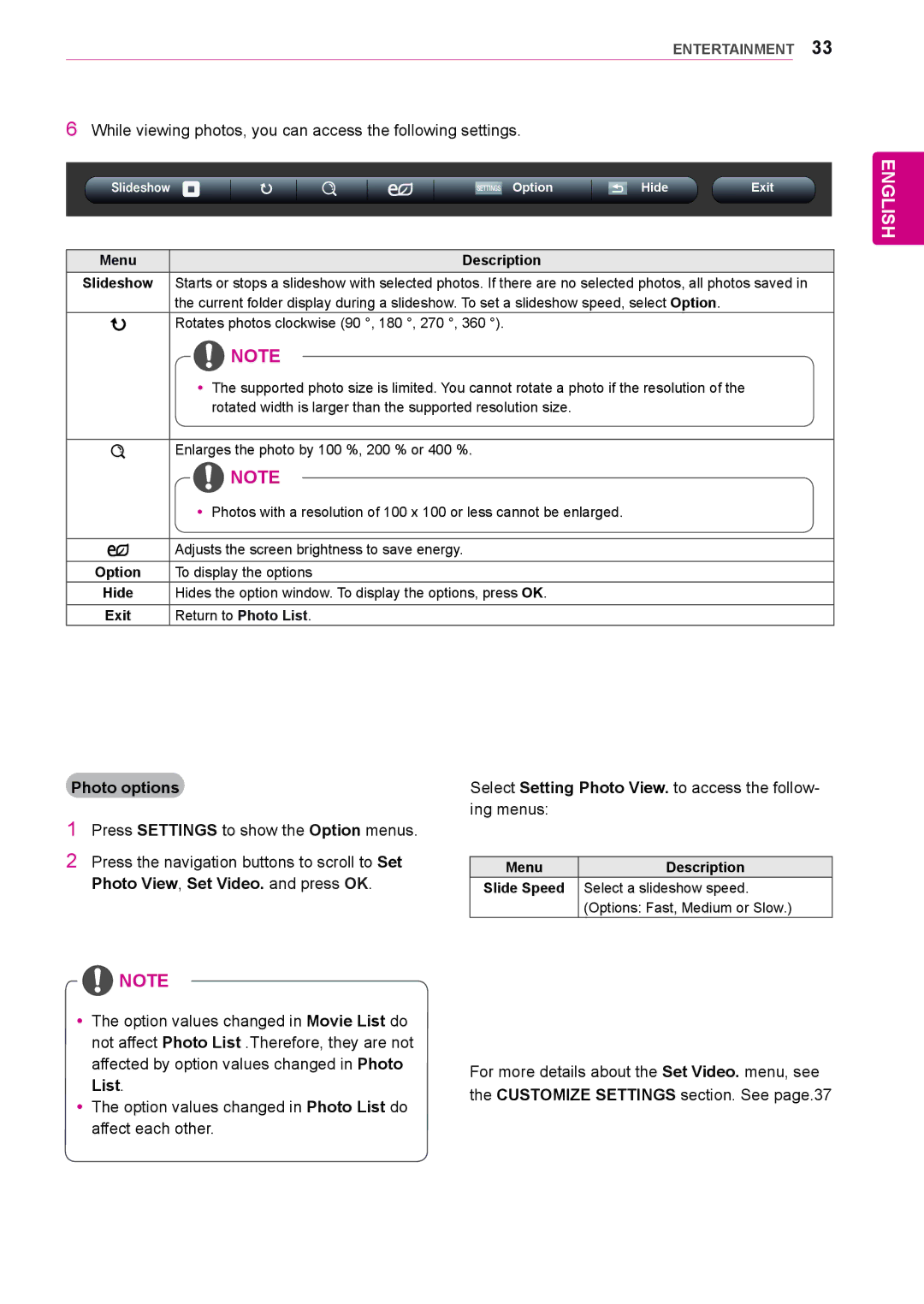 LG Electronics 55LV35A, 47LV35A owner manual Photo options, Exit, Select a slideshow speed, Options Fast, Medium or Slow 