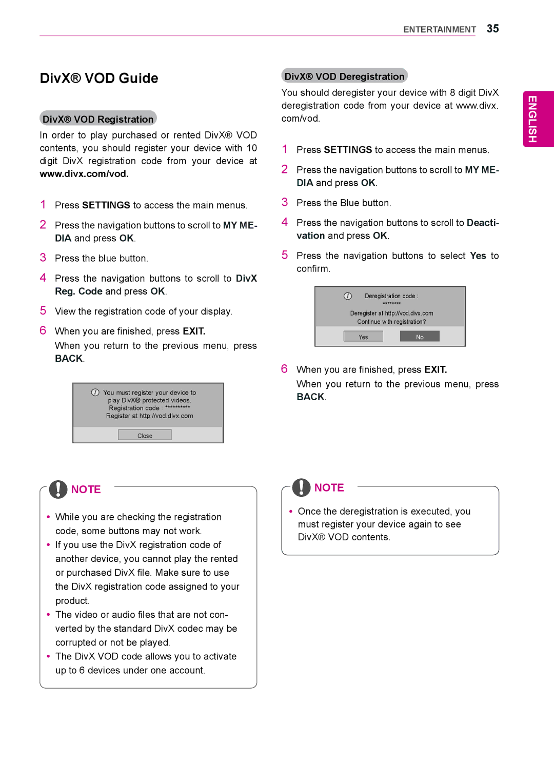 LG Electronics 55LV35A, 47LV35A owner manual DivX VOD Guide, DivX VOD Registration 