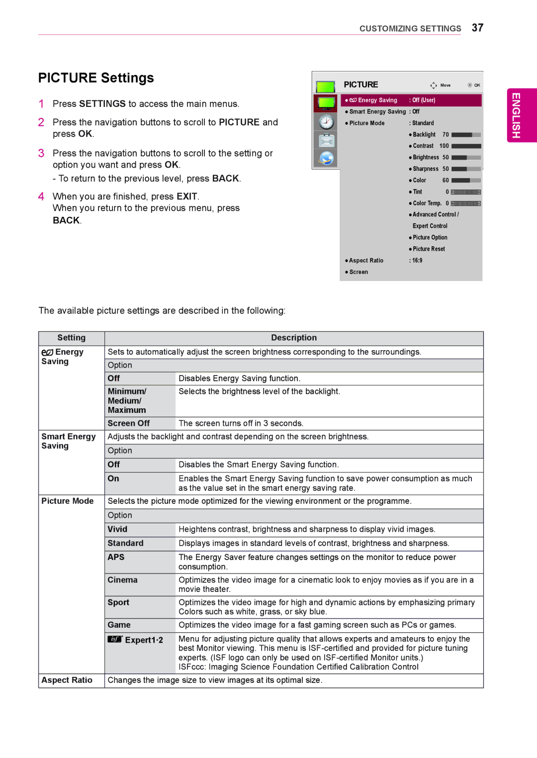 LG Electronics 55LV35A, 47LV35A owner manual Picture Settings 