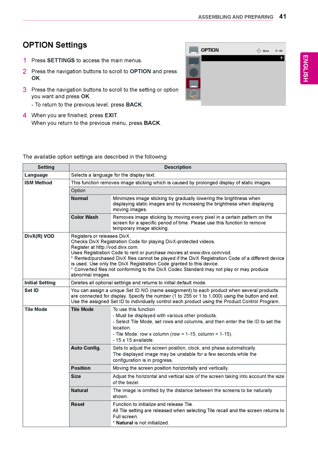 LG Electronics 55LV35A, 47LV35A owner manual Option Settings 