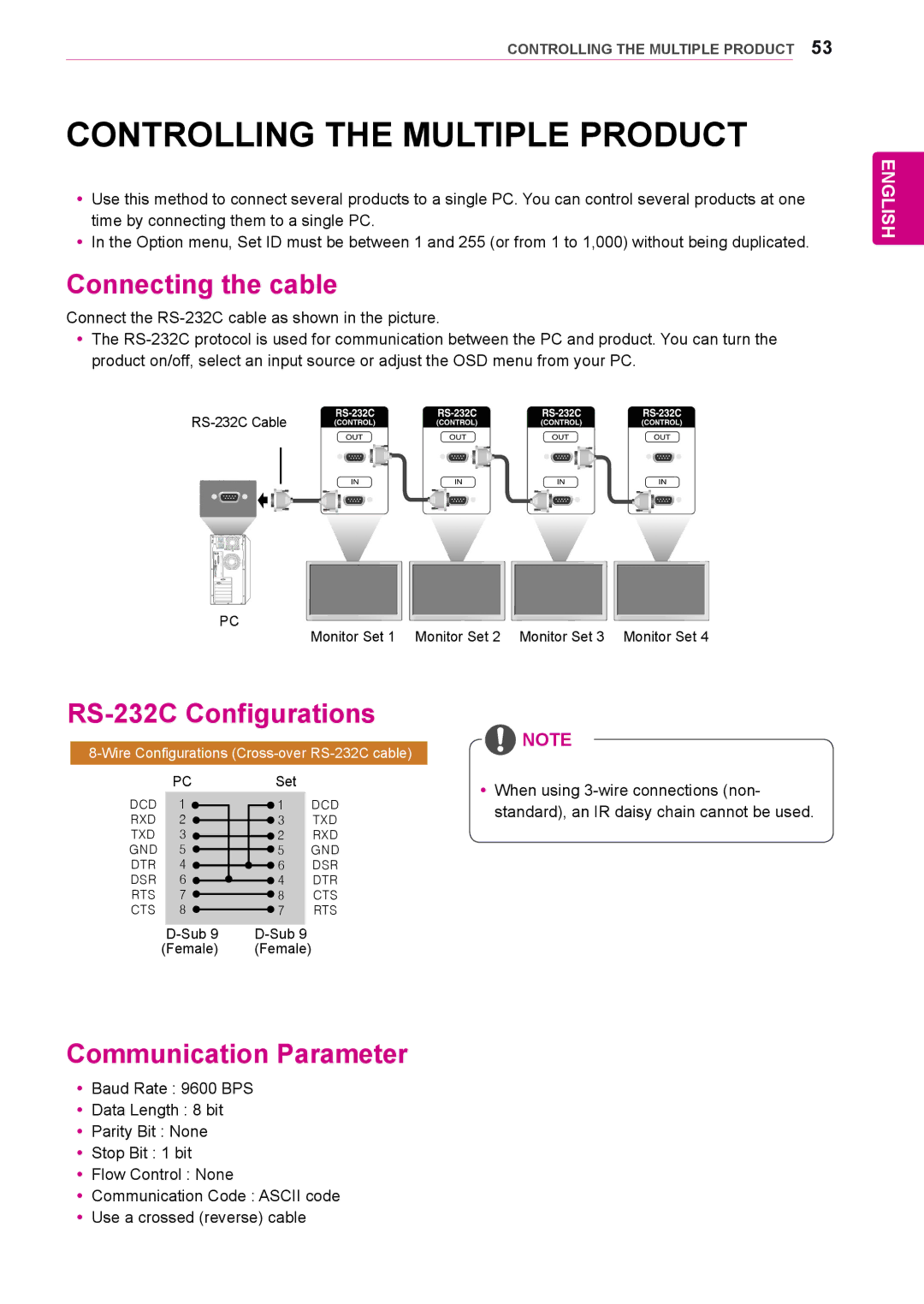 LG Electronics 55LV35A, 47LV35A owner manual Controlling the Multiple Product, Connecting the cable, RS-232C Configurations 