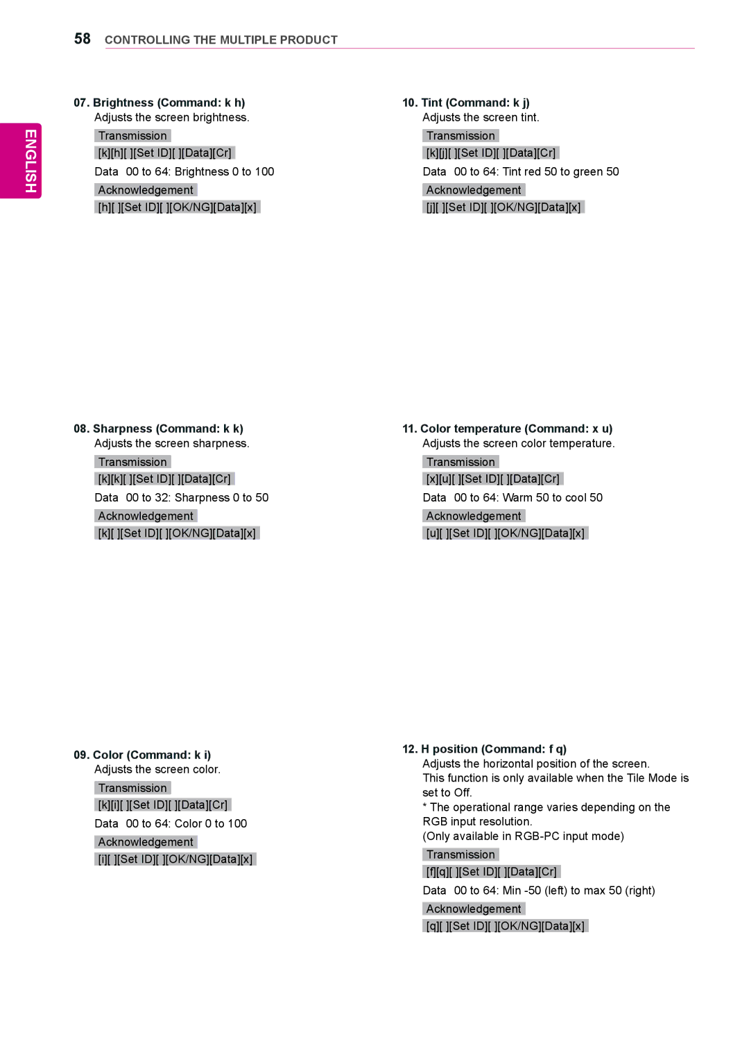 LG Electronics 47LV35A, 55LV35A owner manual Tint Command k j Adjusts the screen tint, Position Command f q 