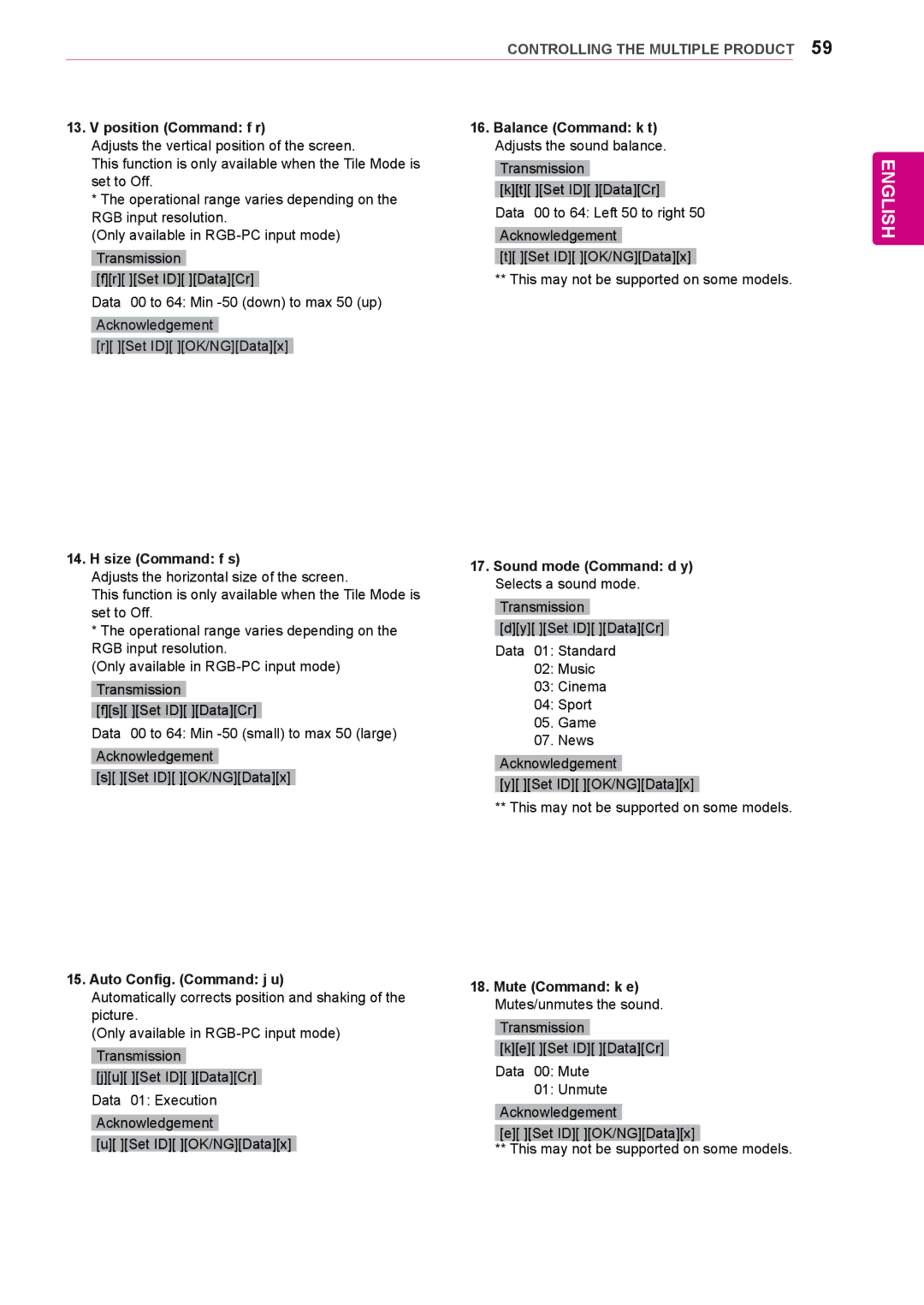 LG Electronics 55LV35A, 47LV35A Position Command f r Balance Command k t, Size Command f s Sound mode Command d y 