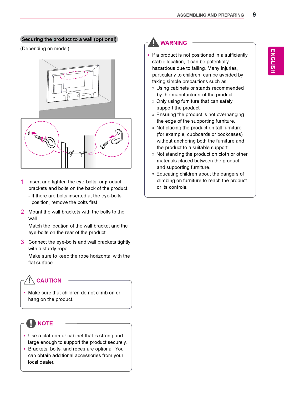 LG Electronics 55LV35A, 47LV35A owner manual Securing the product to a wall optional 