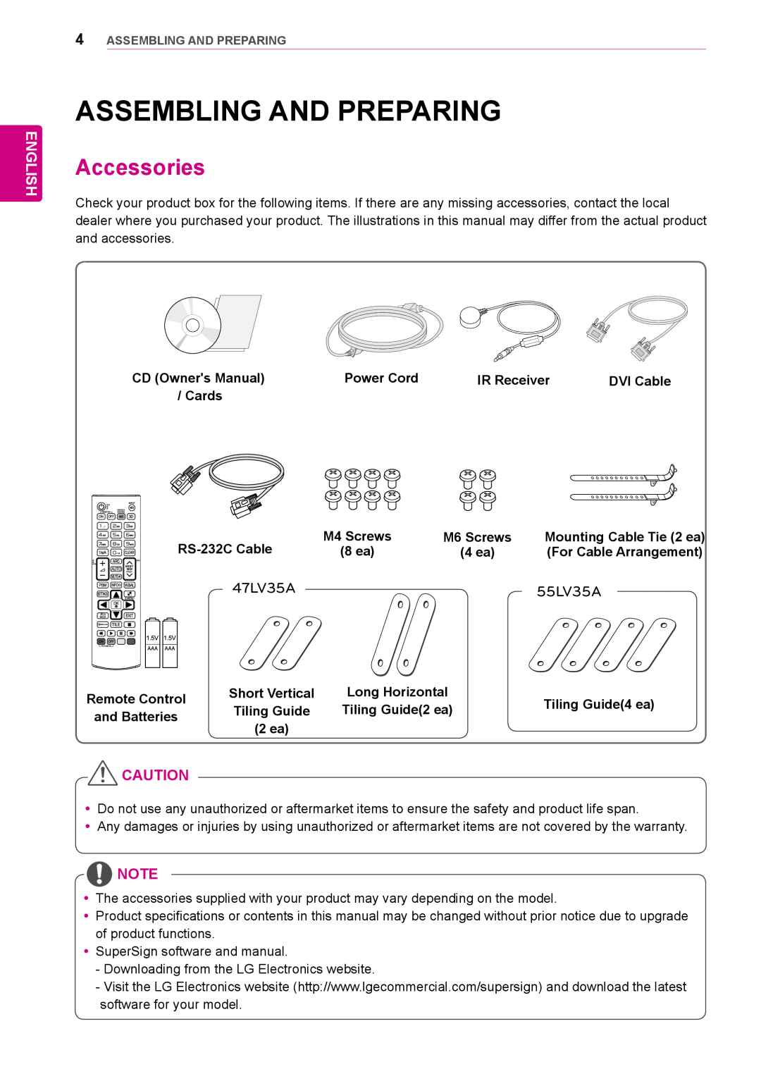 LG Electronics 47LV35A owner manual Assembling And Preparing, Accessories, English, 55LV35A 