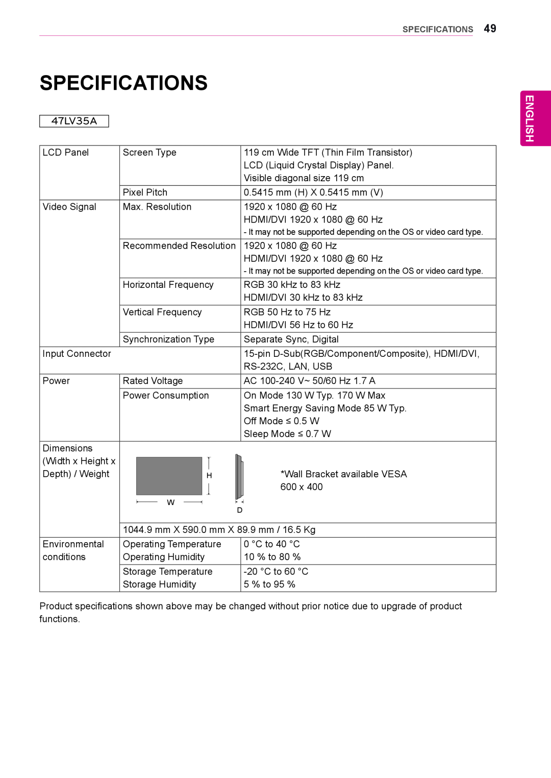 LG Electronics 55LV35A, 47LV35A owner manual Specifications, English 