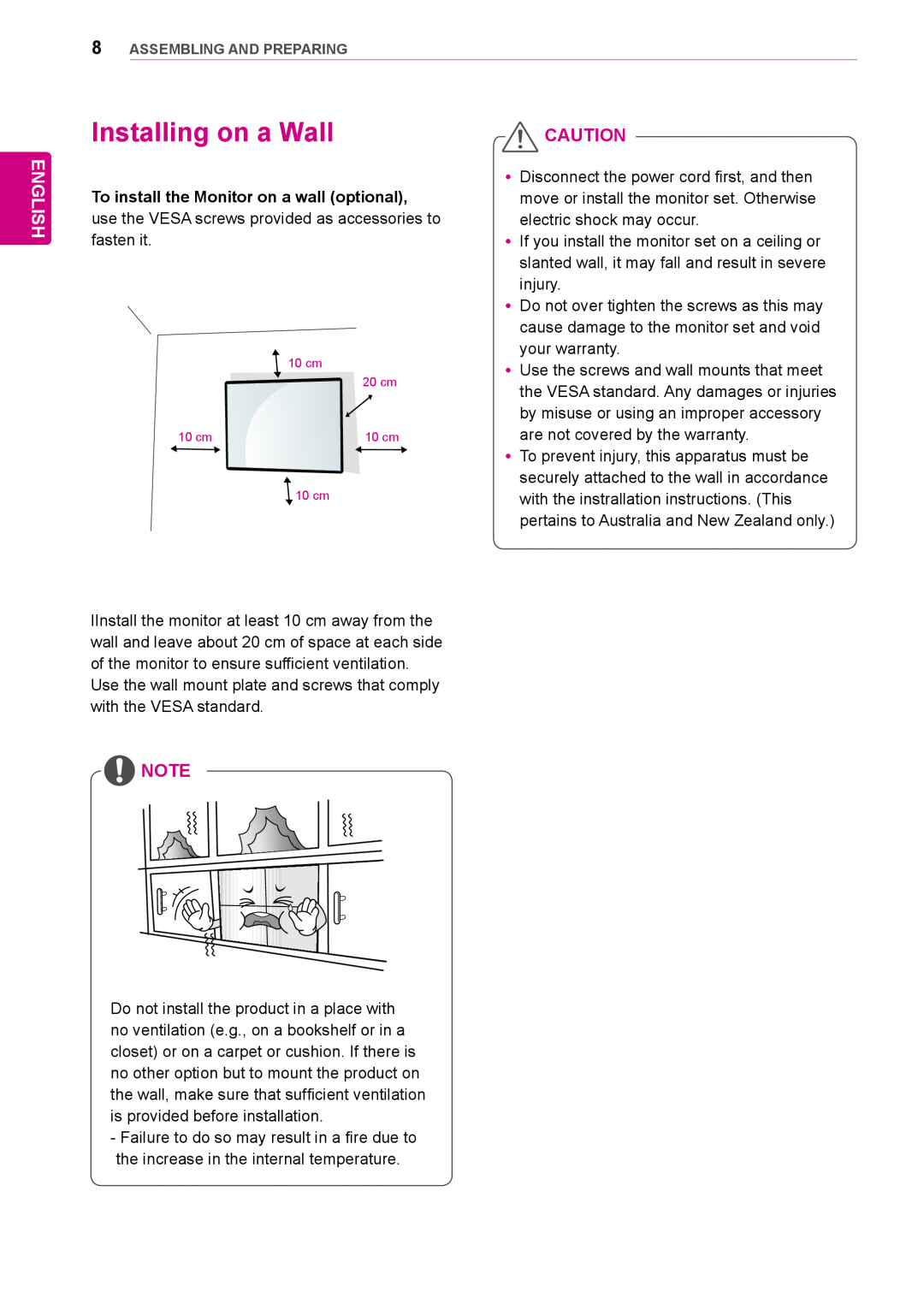 LG Electronics 47LV35A, 55LV35A owner manual Installing on a Wall, English, Assembling And Preparing 
