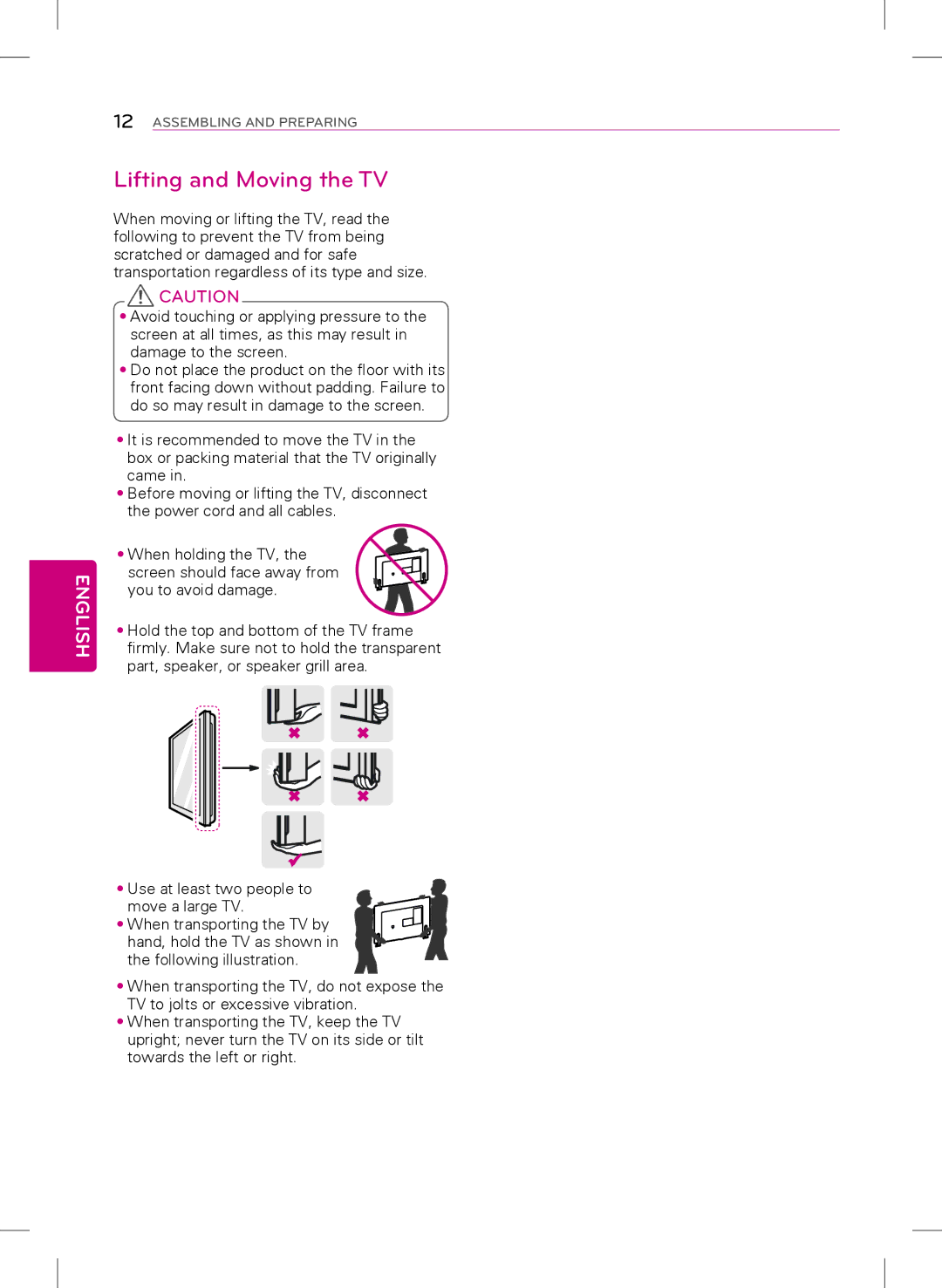 LG Electronics 47LY340C, 32LY340C, 42LY340C, 55LY340C owner manual Lifting and Moving the TV 