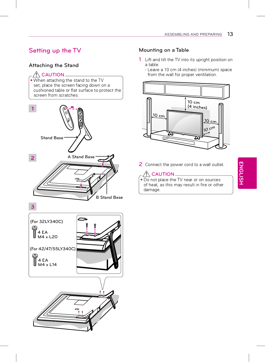 LG Electronics 32LY340C, 47LY340C, 42LY340C, 55LY340C owner manual Setting up the TV, Attaching the Stand 