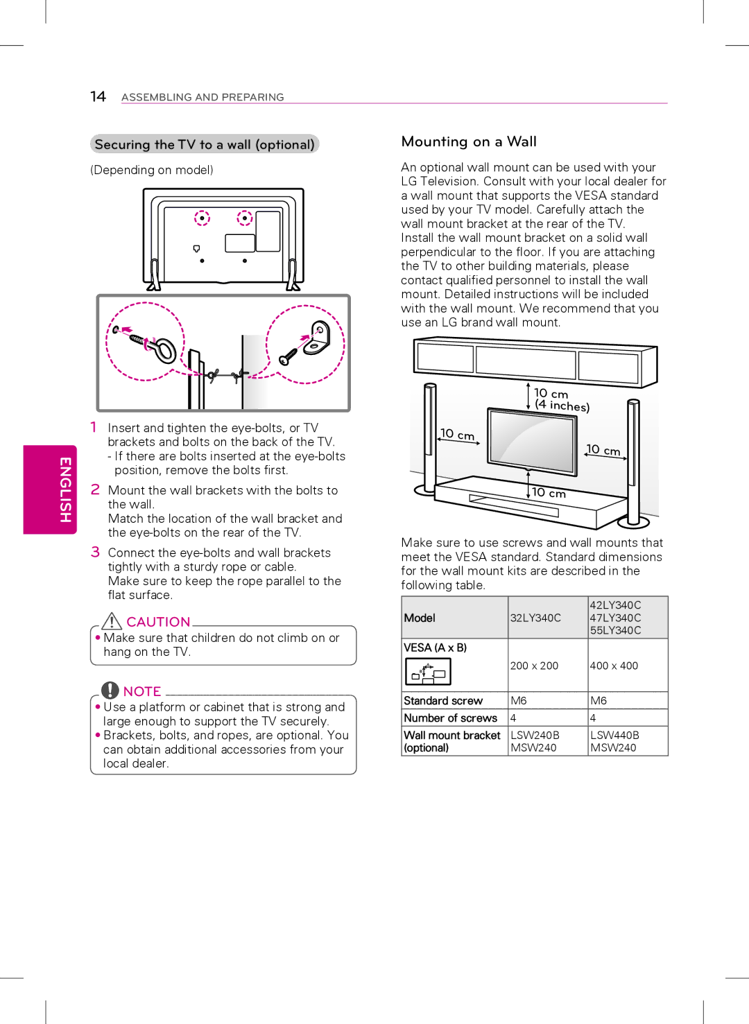 LG Electronics 42LY340C, 47LY340C, 32LY340C, 55LY340C owner manual Securing the TV to a wall optional, Cm 10 cm 