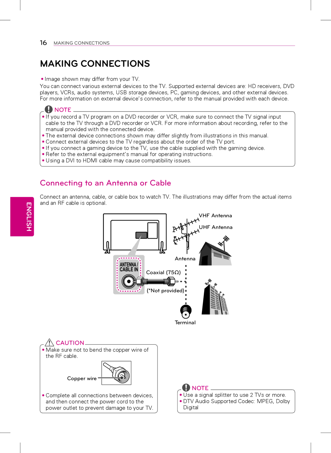 LG Electronics 47LY340C, 32LY340C, 42LY340C, 55LY340C owner manual Making Connections, Connecting to an Antenna or Cable 