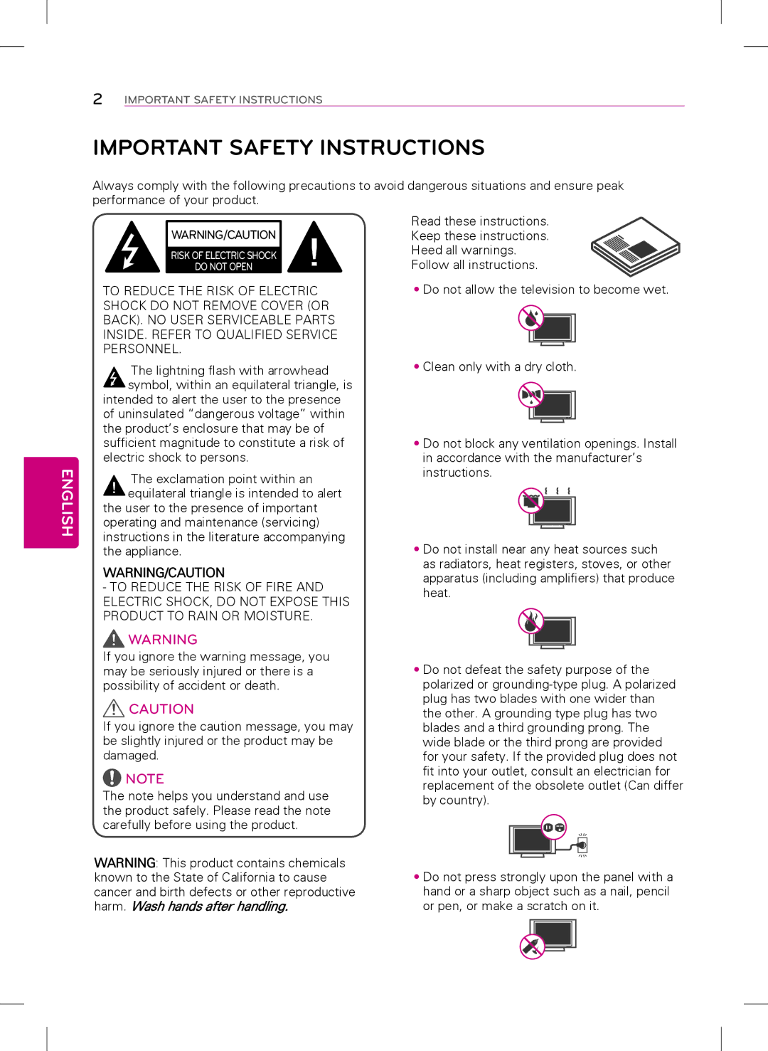 LG Electronics 42LY340C, 47LY340C, 32LY340C, 55LY340C owner manual Important Safety Instructions, English 