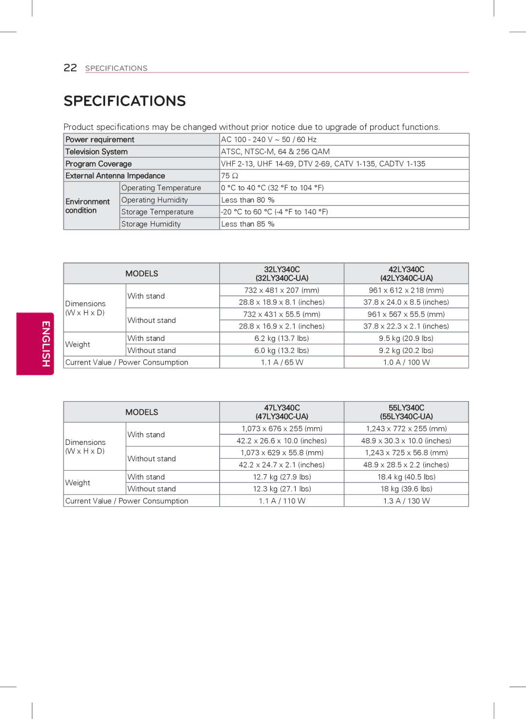 LG Electronics 42LY340C, 47LY340C, 32LY340C, 55LY340C owner manual Specifications, Models 