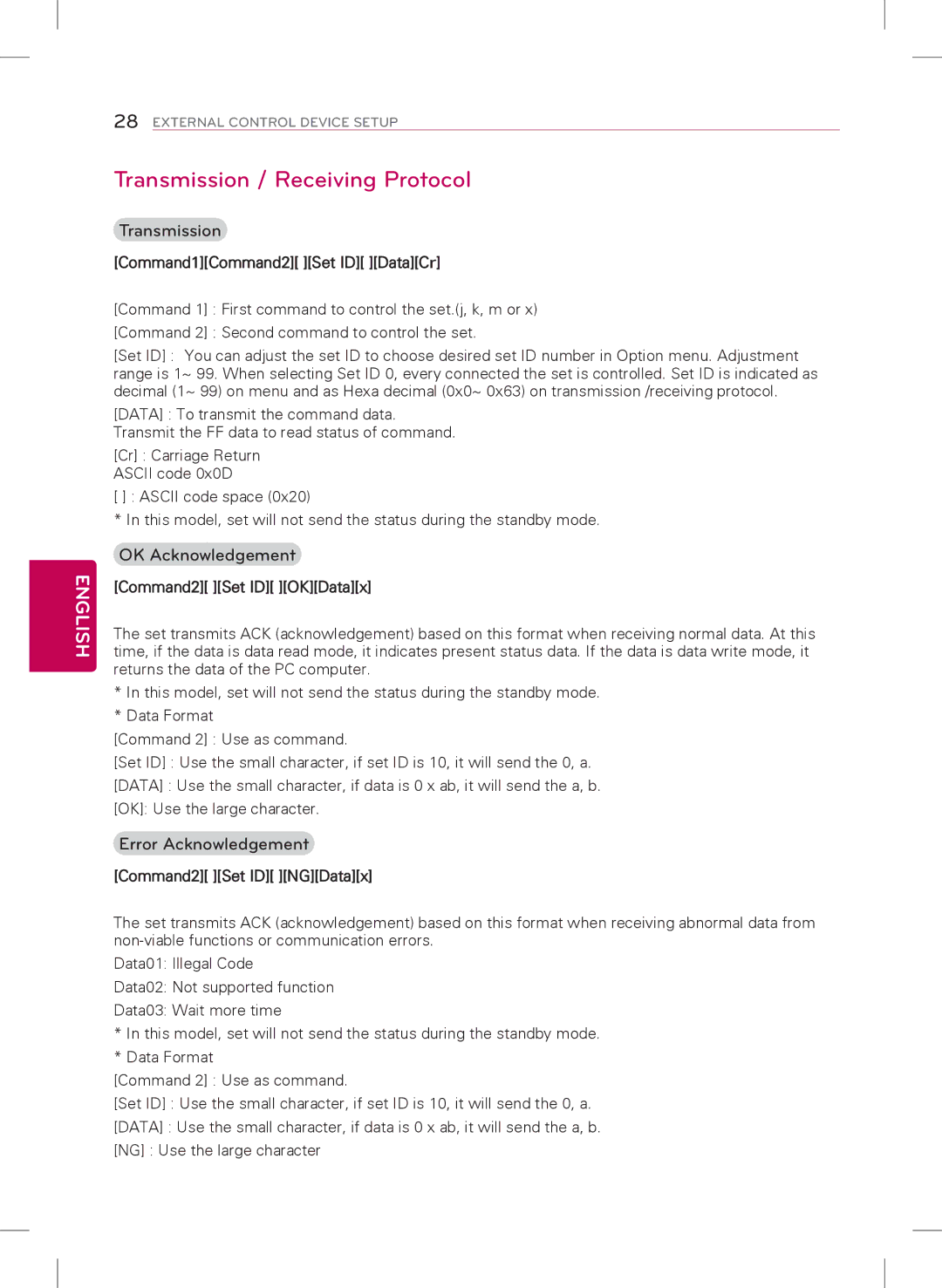 LG Electronics 47LY340C, 32LY340C, 42LY340C Transmission / Receiving Protocol, OK Acknowledgement, Error Acknowledgement 