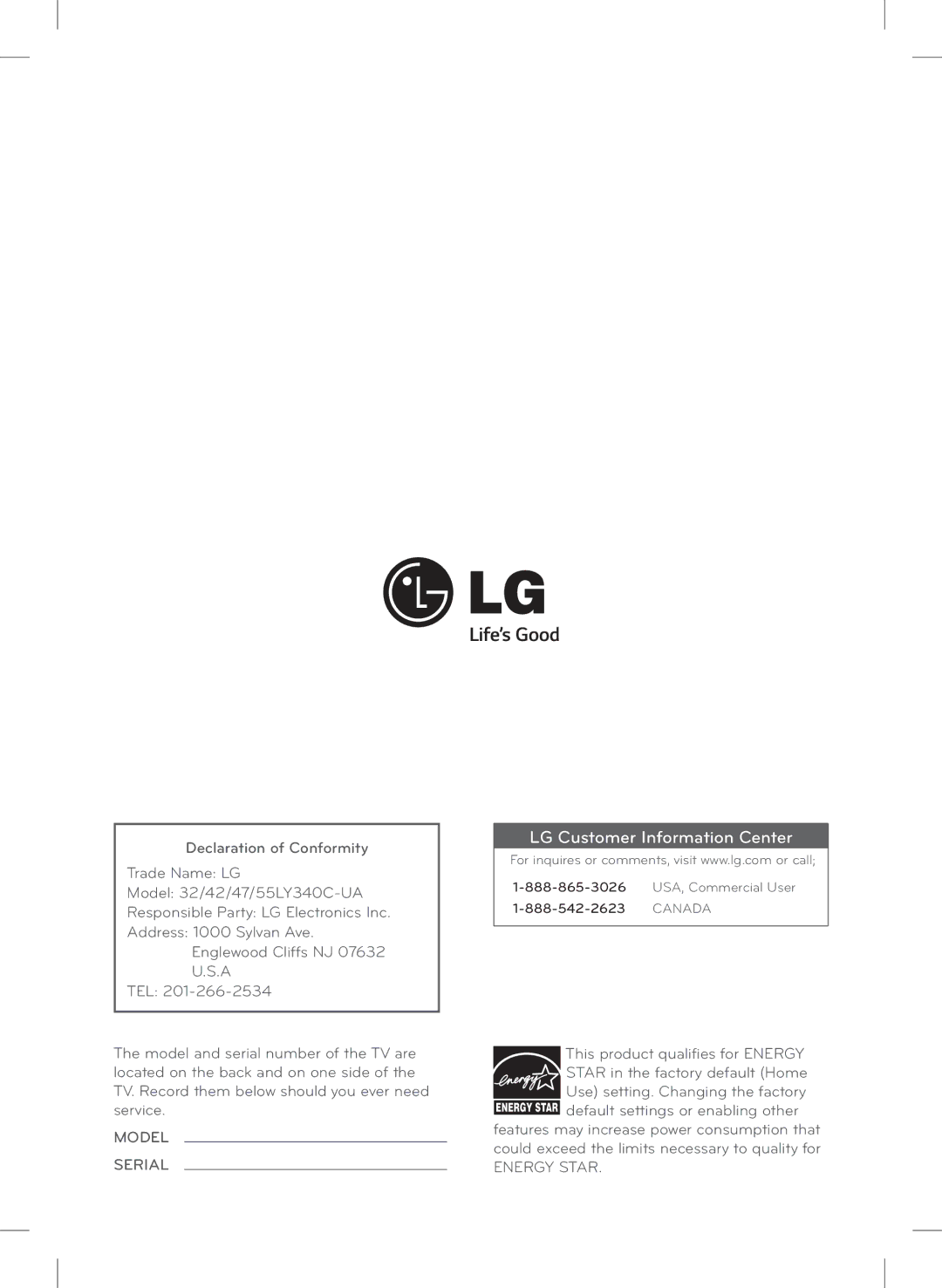 LG Electronics 47LY340C, 32LY340C, 42LY340C, 55LY340C owner manual LG Customer Information Center 