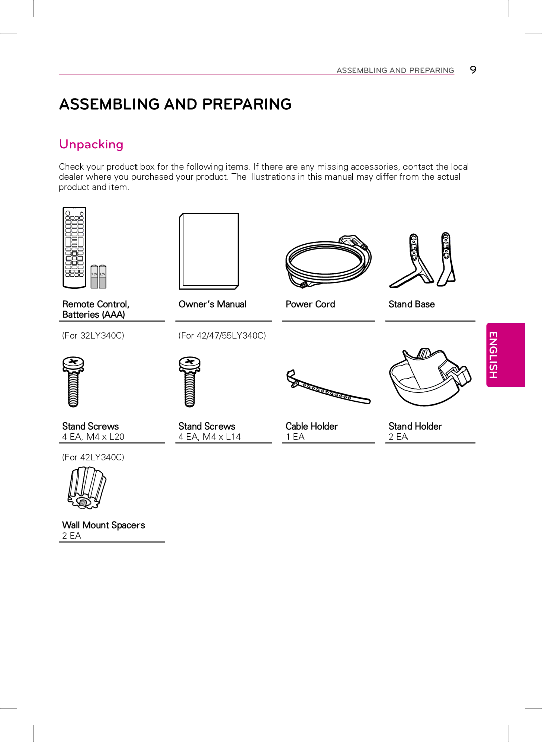 LG Electronics 32LY340C, 47LY340C, 42LY340C, 55LY340C owner manual Assembling and Preparing, Unpacking, Wall Mount Spacers 