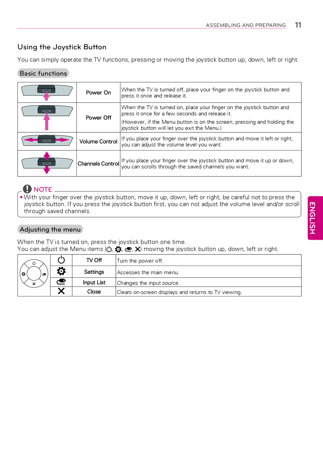 LG Electronics 32LY560H, 47LY560H, 39LY560H, 42LY560H Using the Joystick Button, Basic functions, Adjusting the menu 