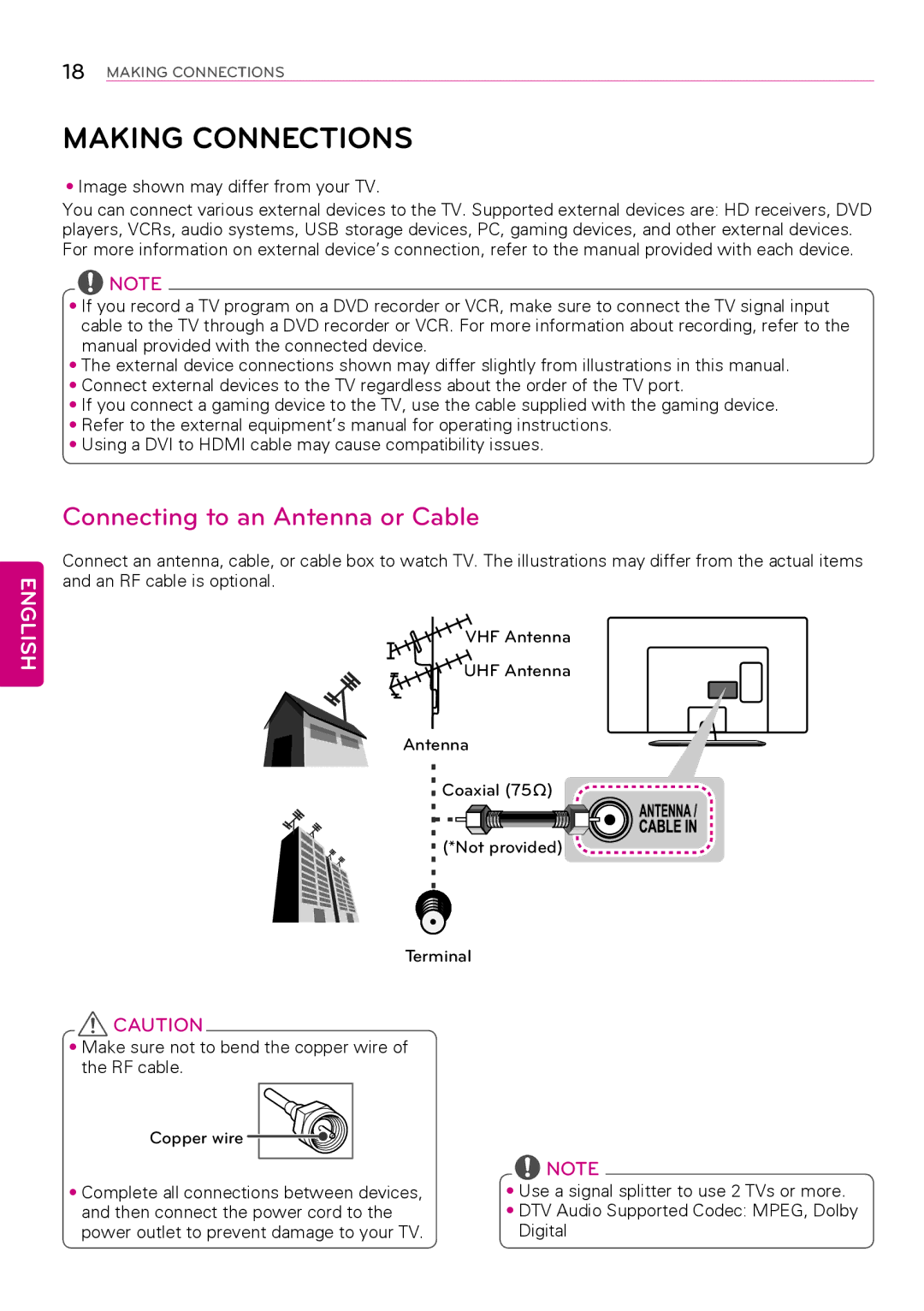 LG Electronics 47LY560H, 39LY560H, 32LY560H, 42LY560H, 55LY570H Making Connections, Connecting to an Antenna or Cable 