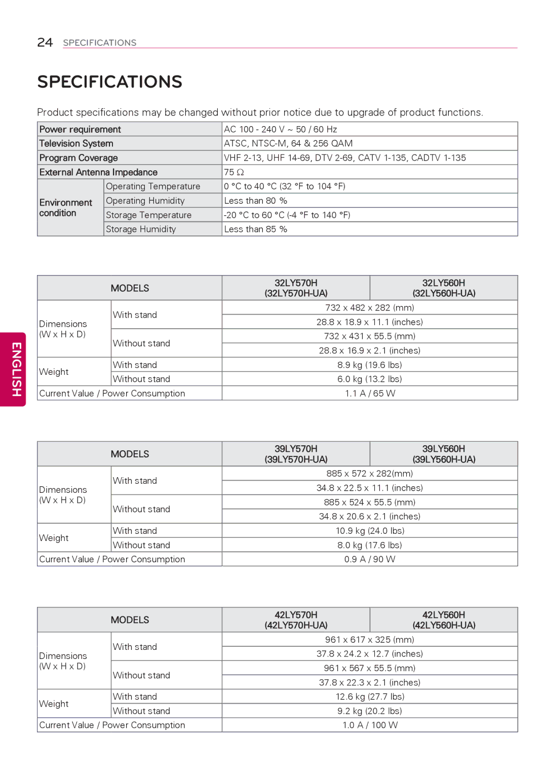 LG Electronics 42LY570H, 47LY560H, 39LY560H, 32LY560H, 42LY560H, 55LY570H, 47LY570H, 39LY570H, 32LY570H owner manual Specifications 