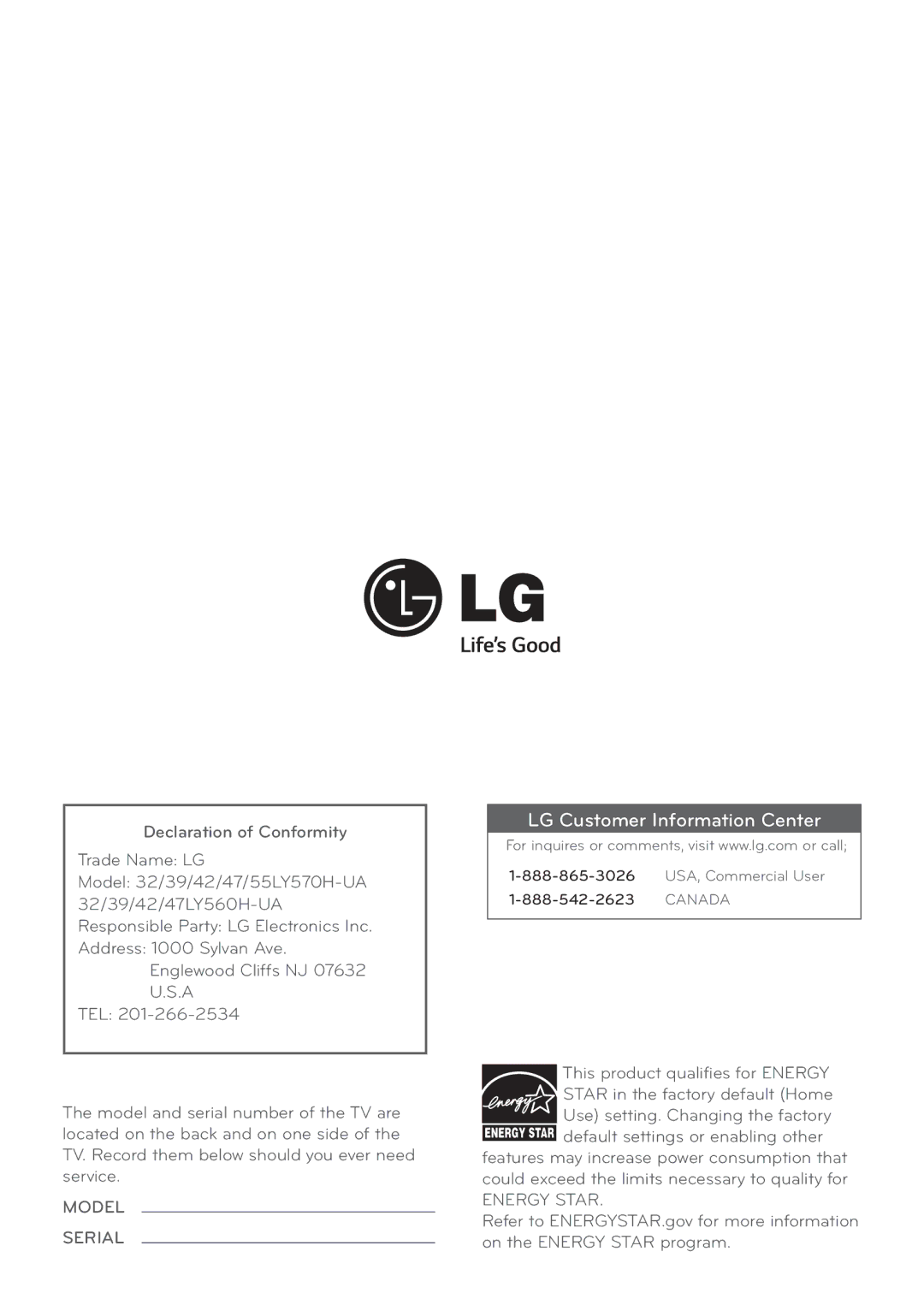 LG Electronics 39LY560H, 47LY560H, 32LY560H, 42LY560H, 55LY570H, 47LY570H, 42LY570H, 39LY570H LG Customer Information Center 