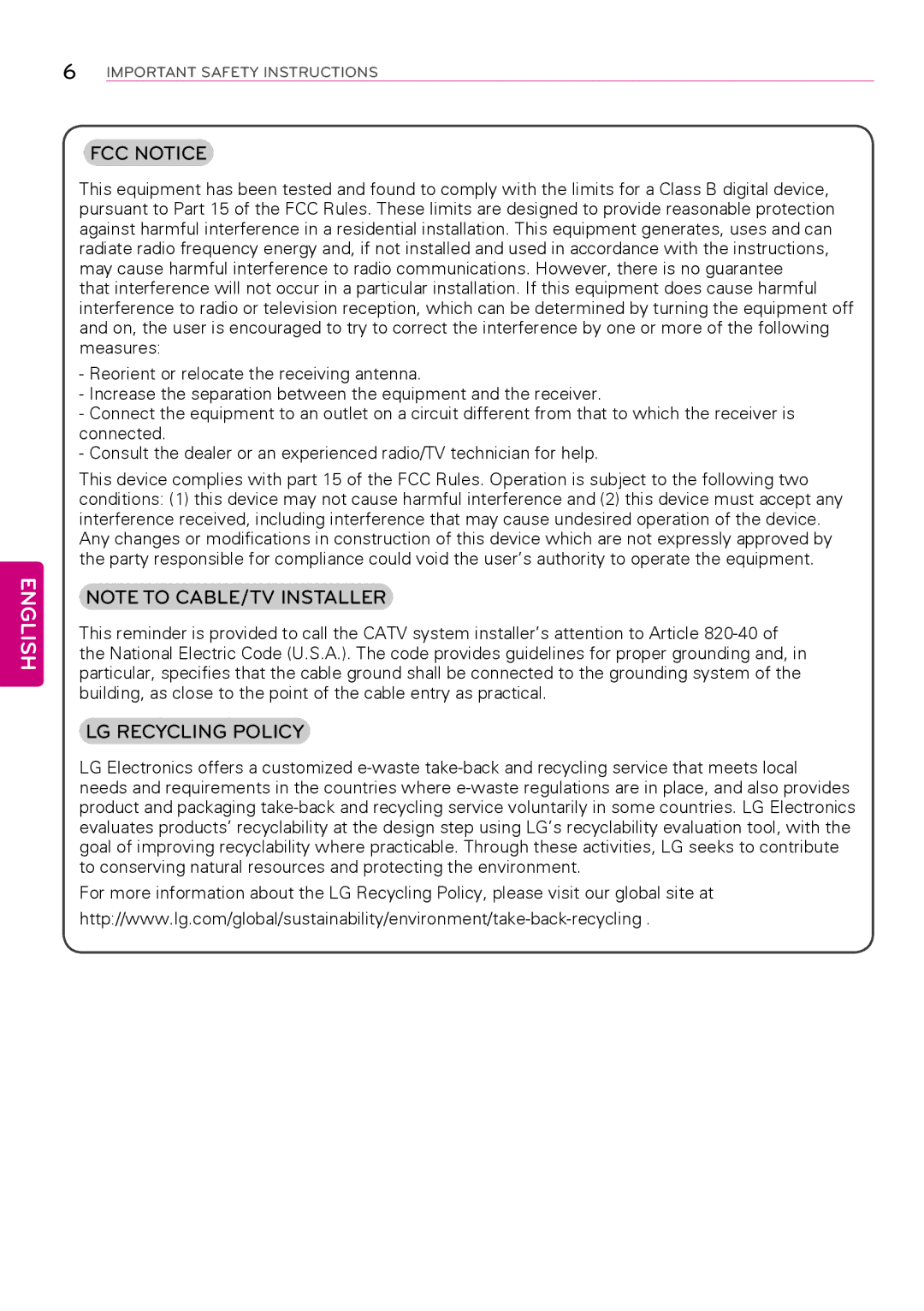 LG Electronics 42LY570H, 47LY560H, 39LY560H, 32LY560H, 42LY560H, 55LY570H, 47LY570H, 39LY570H FCC Notice, LG Recycling Policy 