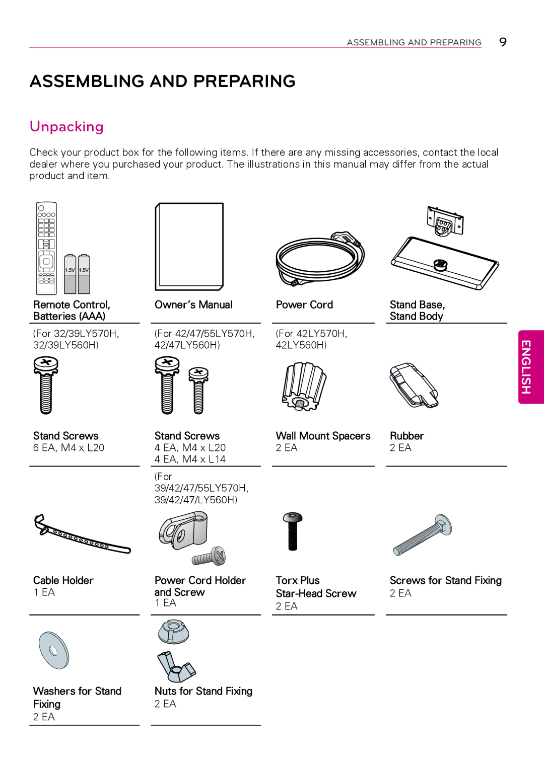 LG Electronics 47LY560H, 39LY560H, 32LY560H, 42LY560H, 55LY570H, 47LY570H, 42LY570H Assembling and Preparing, Unpacking 