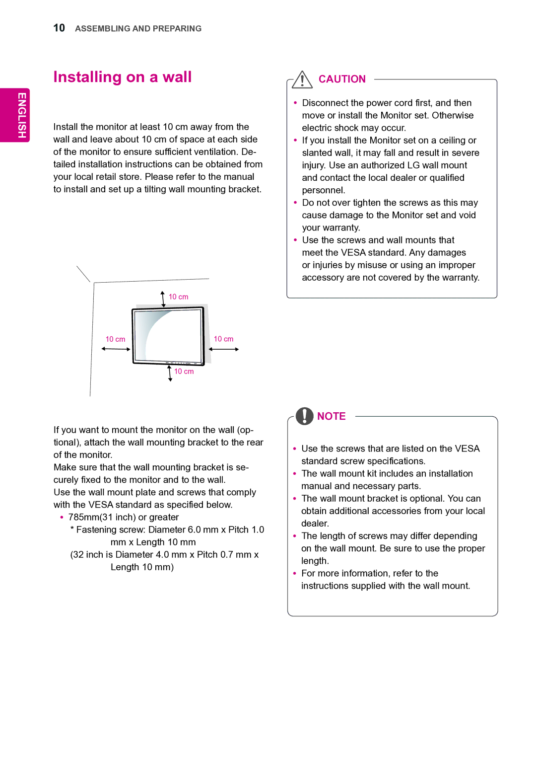 LG Electronics 47VL10 owner manual Installing on a wall 