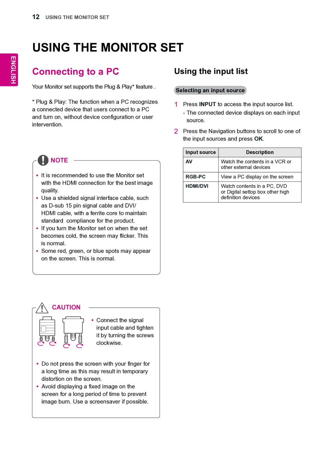 LG Electronics 47VL10 Using the Monitor SET, Connecting to a PC, Using the input list, Selecting an input source 