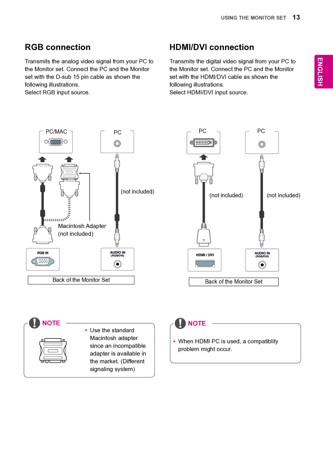 LG Electronics 47VL10 owner manual RGB connection, HDMI/DVI connection, Pc/Mac 