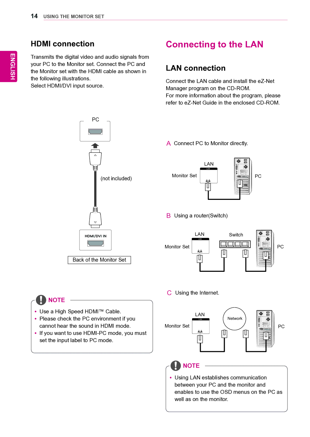 LG Electronics 47VL10 owner manual Connecting to the LAN, Hdmi connection, LAN connection 