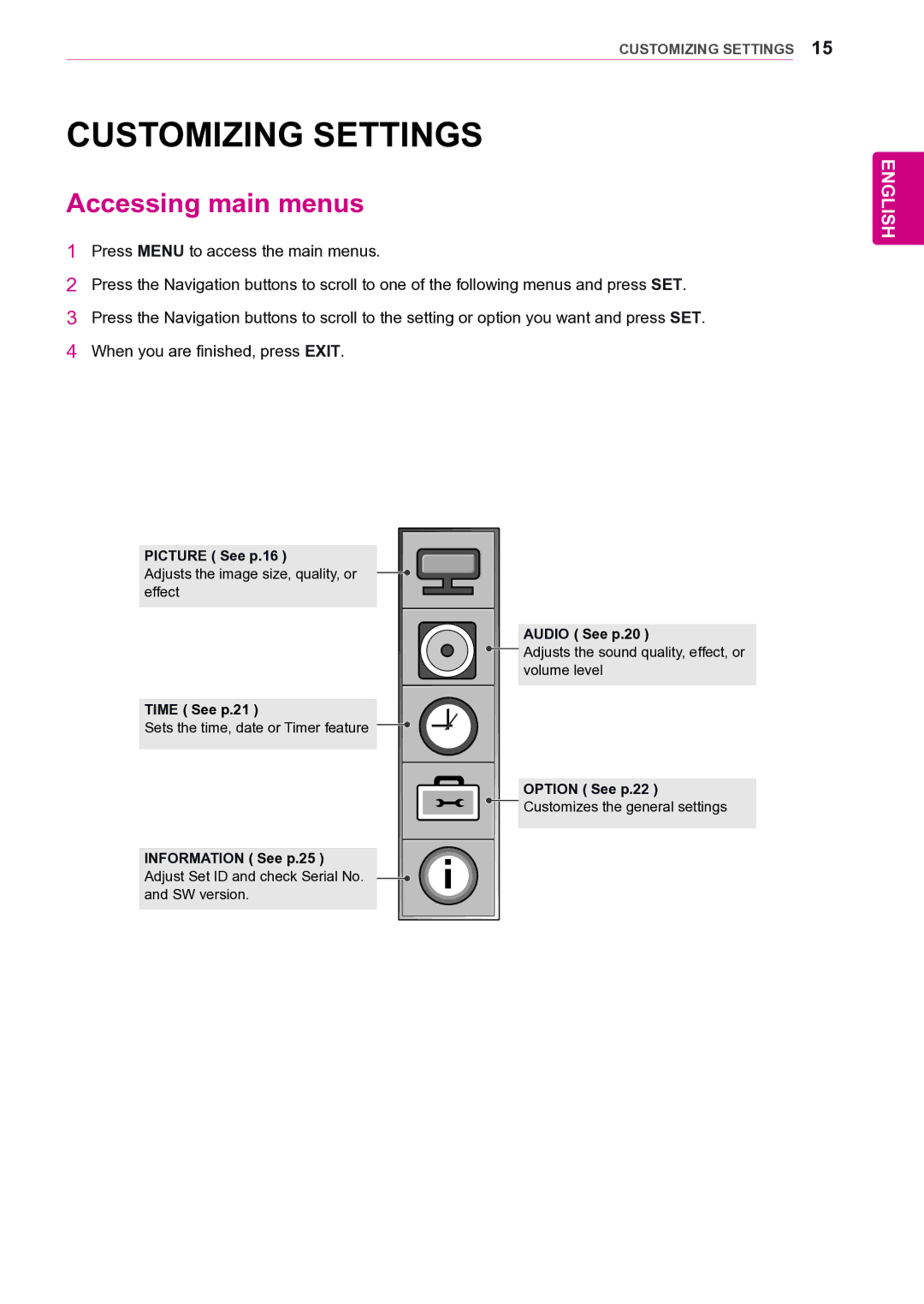 LG Electronics 47VL10 owner manual Customizing Settings, Accessing main menus 