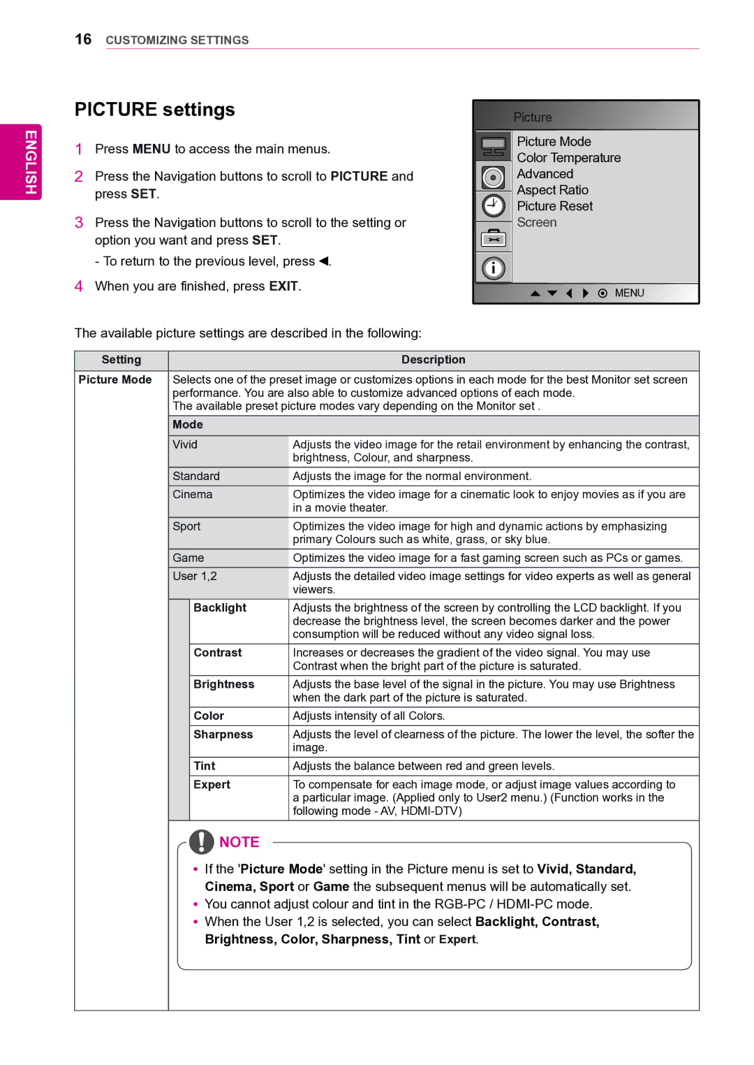 LG Electronics 47VL10 owner manual Picture settings, Brightness, Color, Sharpness, Tint or Expert 