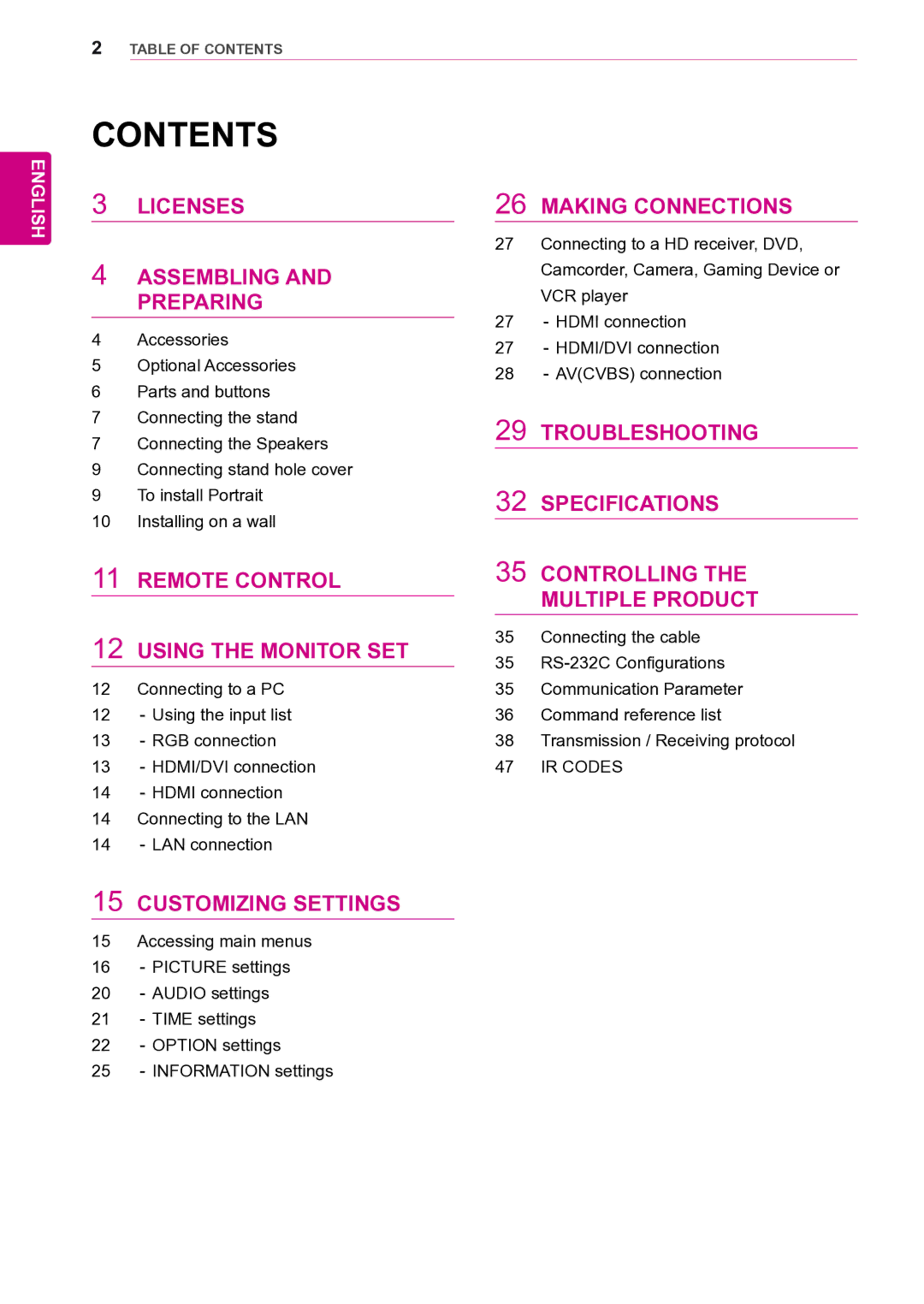 LG Electronics 47VL10 owner manual Contents 