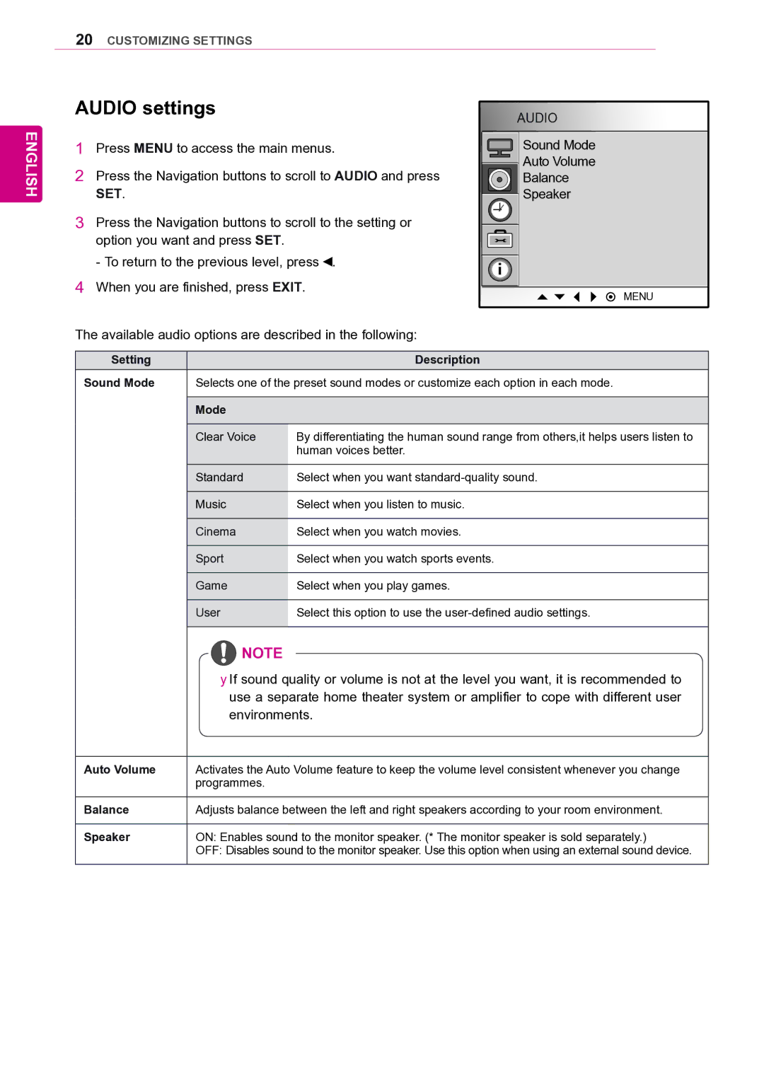 LG Electronics 47VL10 owner manual Audio settings, Sound Mode Auto Volume Balance Speaker, Environments 