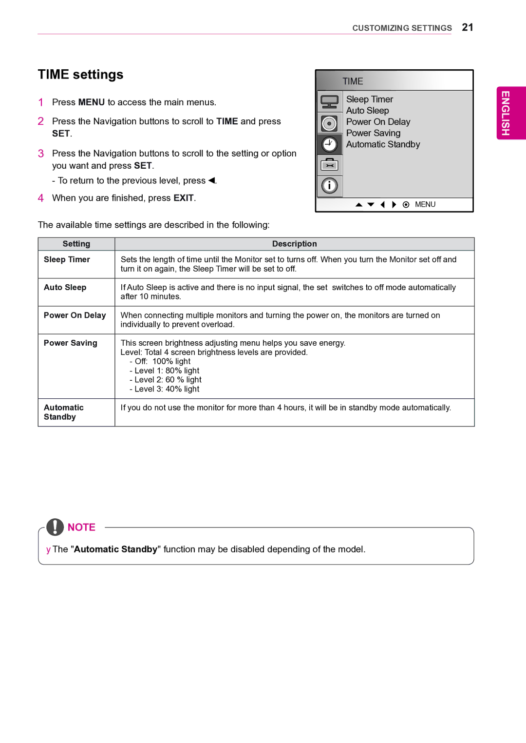 LG Electronics 47VL10 owner manual Time settings, Power Saving, Available time settings are described in the following 